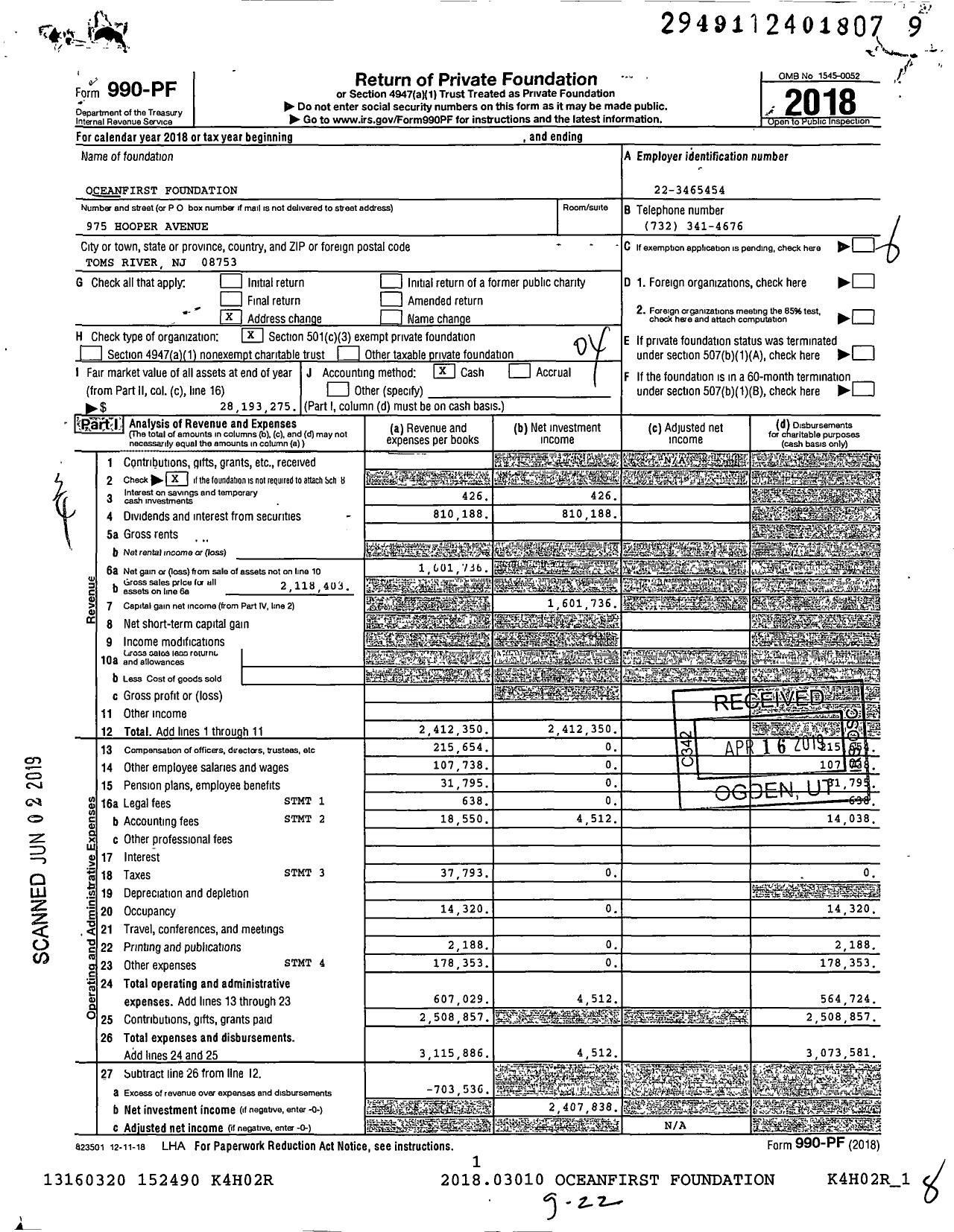 Image of first page of 2018 Form 990PF for Oceanfirst Foundation