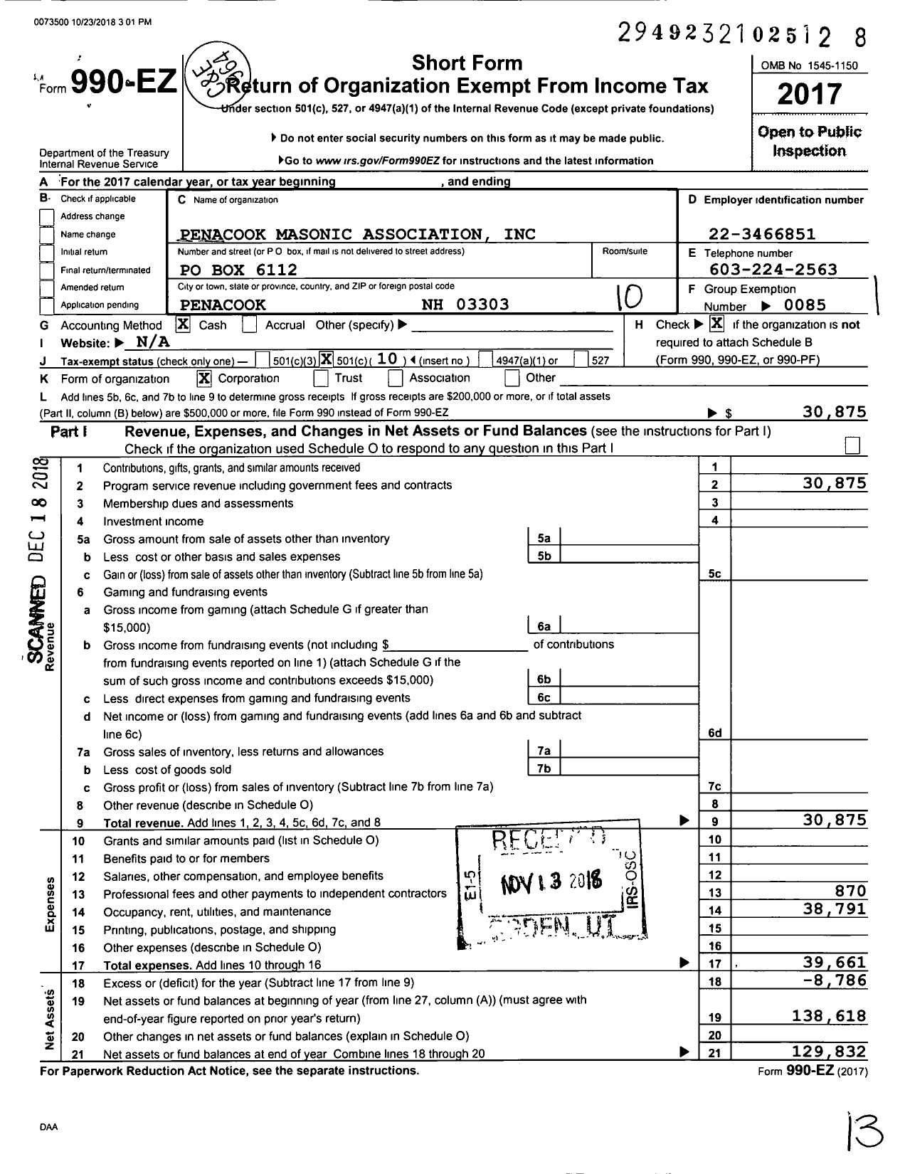 Image of first page of 2017 Form 990EO for Penacook Masonic Association