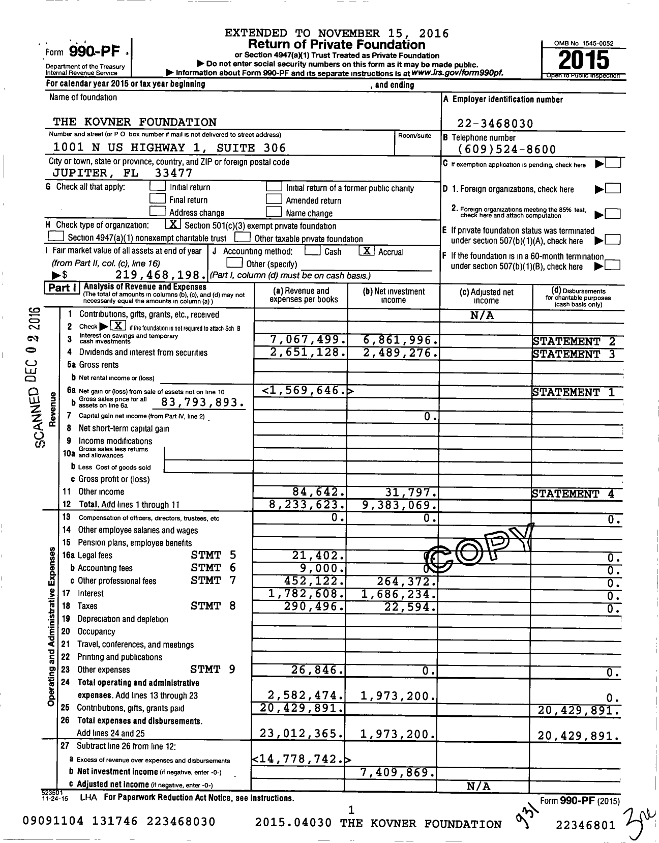 Image of first page of 2015 Form 990PF for The Kovner Foundation