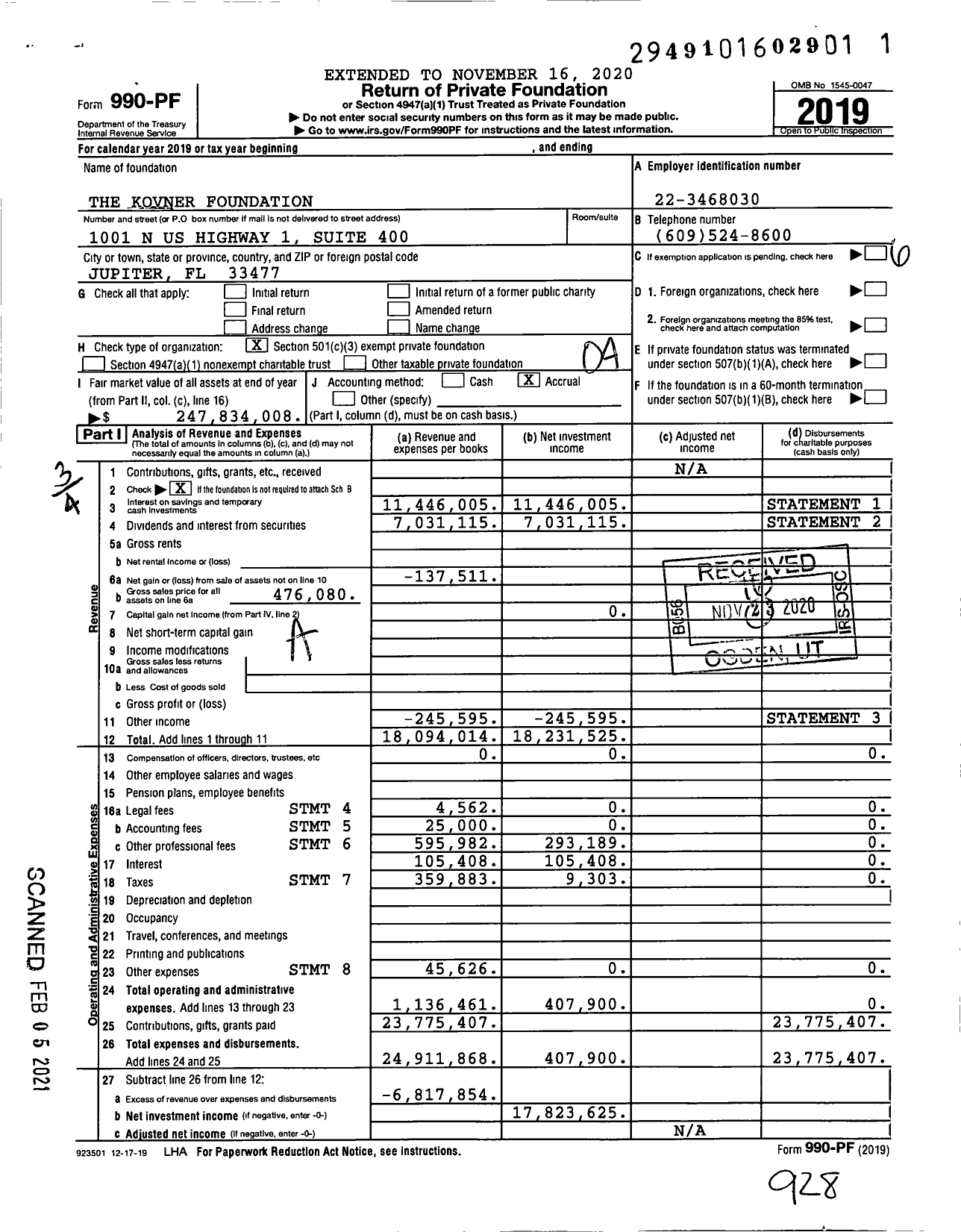 Image of first page of 2019 Form 990PF for The Kovner Foundation