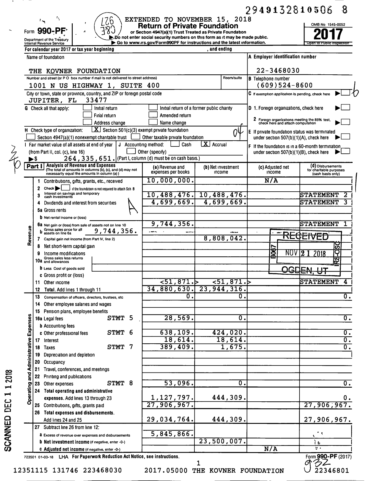 Image of first page of 2017 Form 990PF for The Kovner Foundation