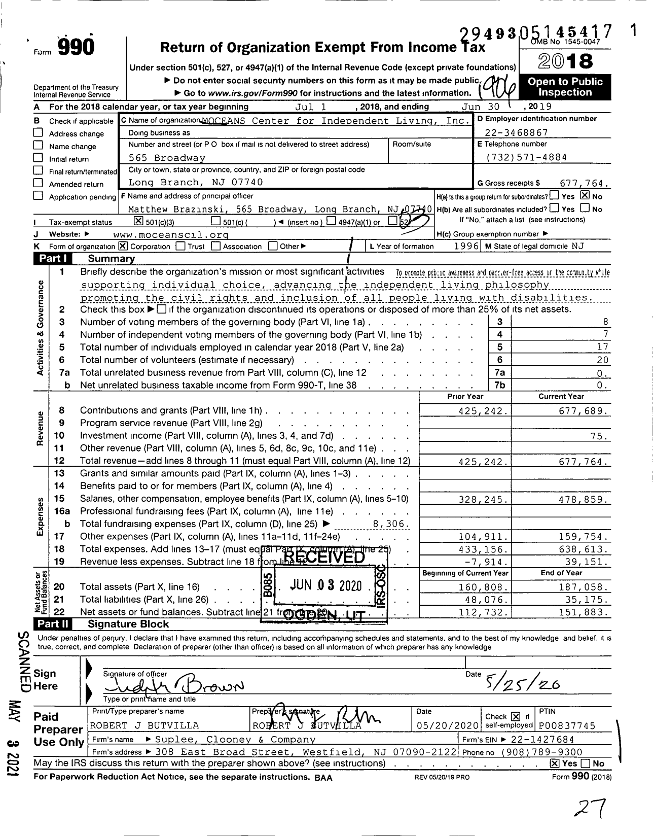 Image of first page of 2018 Form 990 for MOCEANS Center for Independent Living