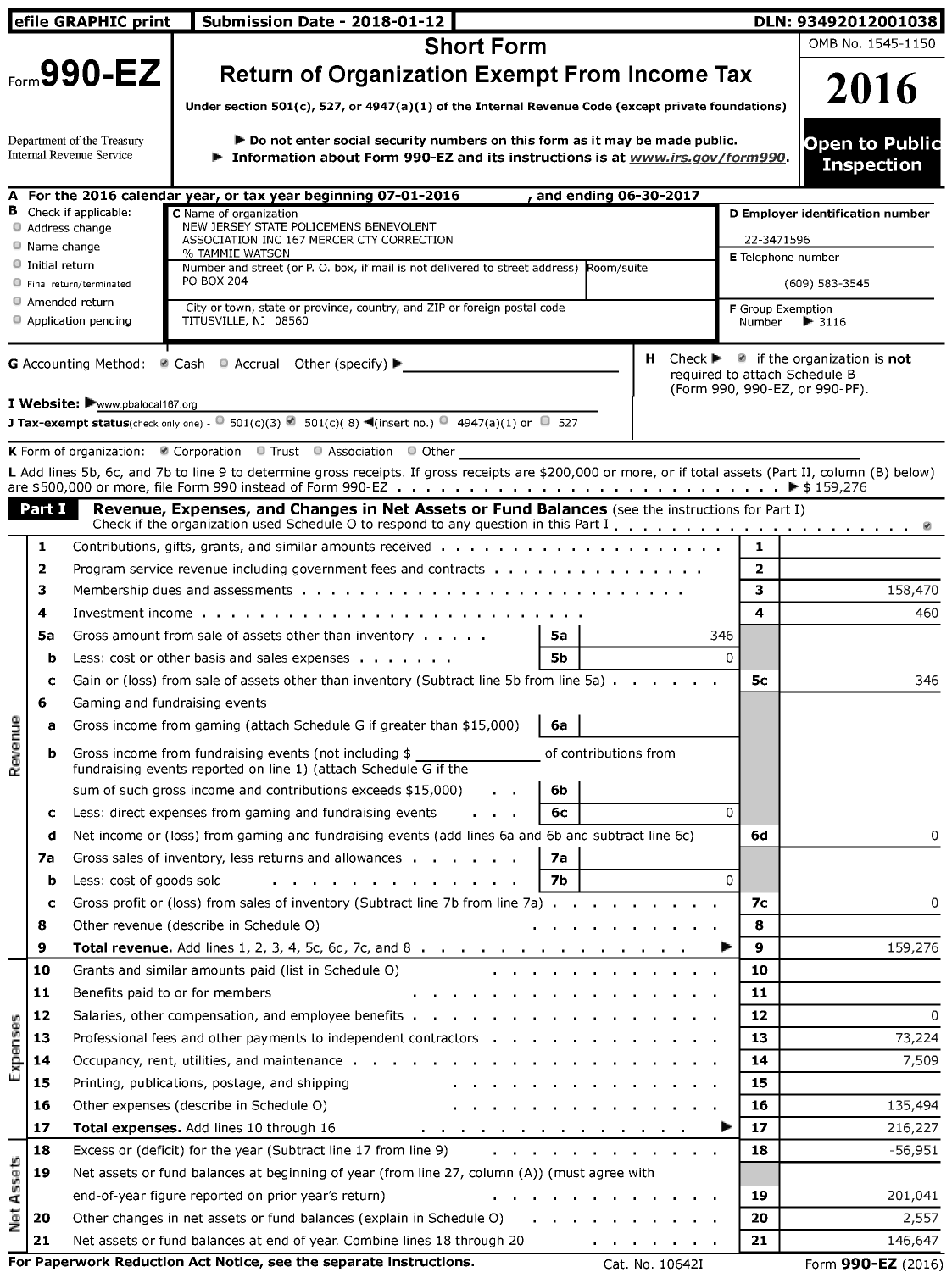 Image of first page of 2016 Form 990EZ for NJ State Patrolmen's Benevolent Association - 167 Mercer Cty Correction Local