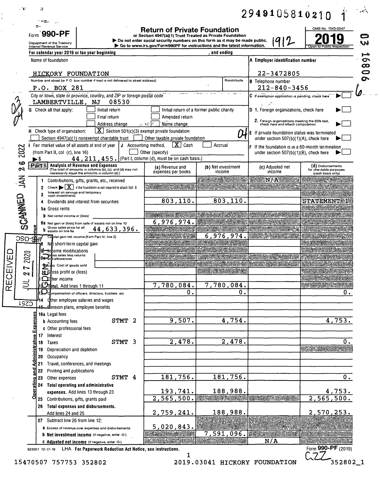 Image of first page of 2019 Form 990PF for Hickory Foundation