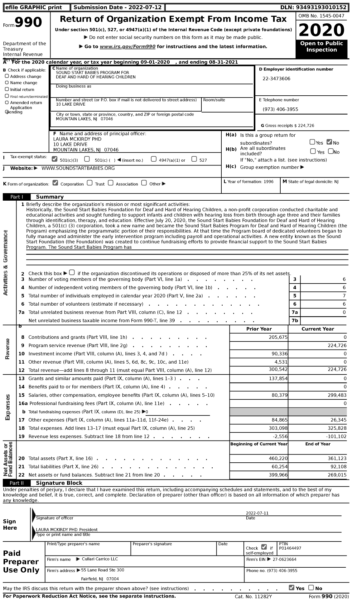 Image of first page of 2020 Form 990 for Sound Start Babies Program for Deaf and Hard of Hearing Children