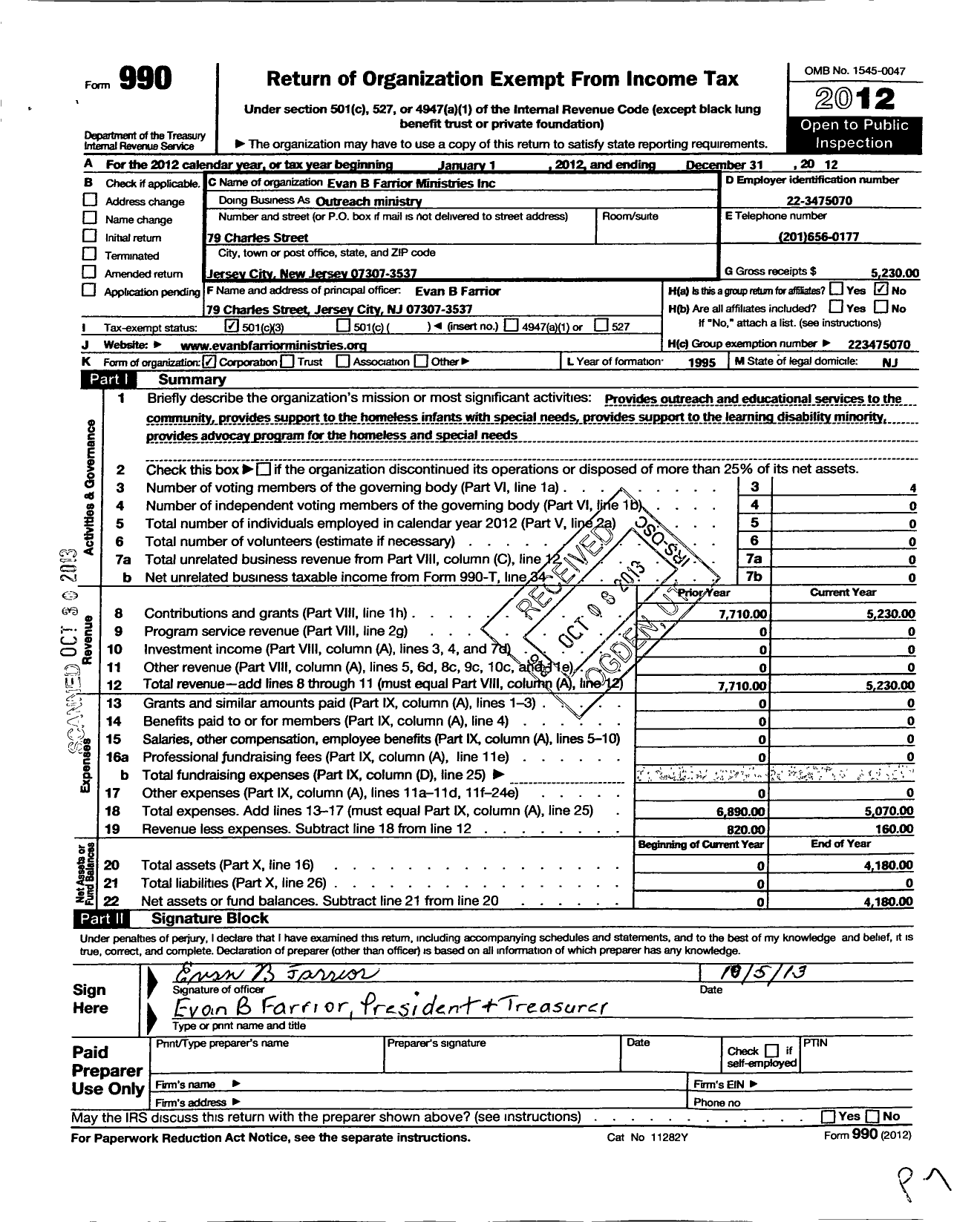 Image of first page of 2012 Form 990 for Evan B Farrior Ministries