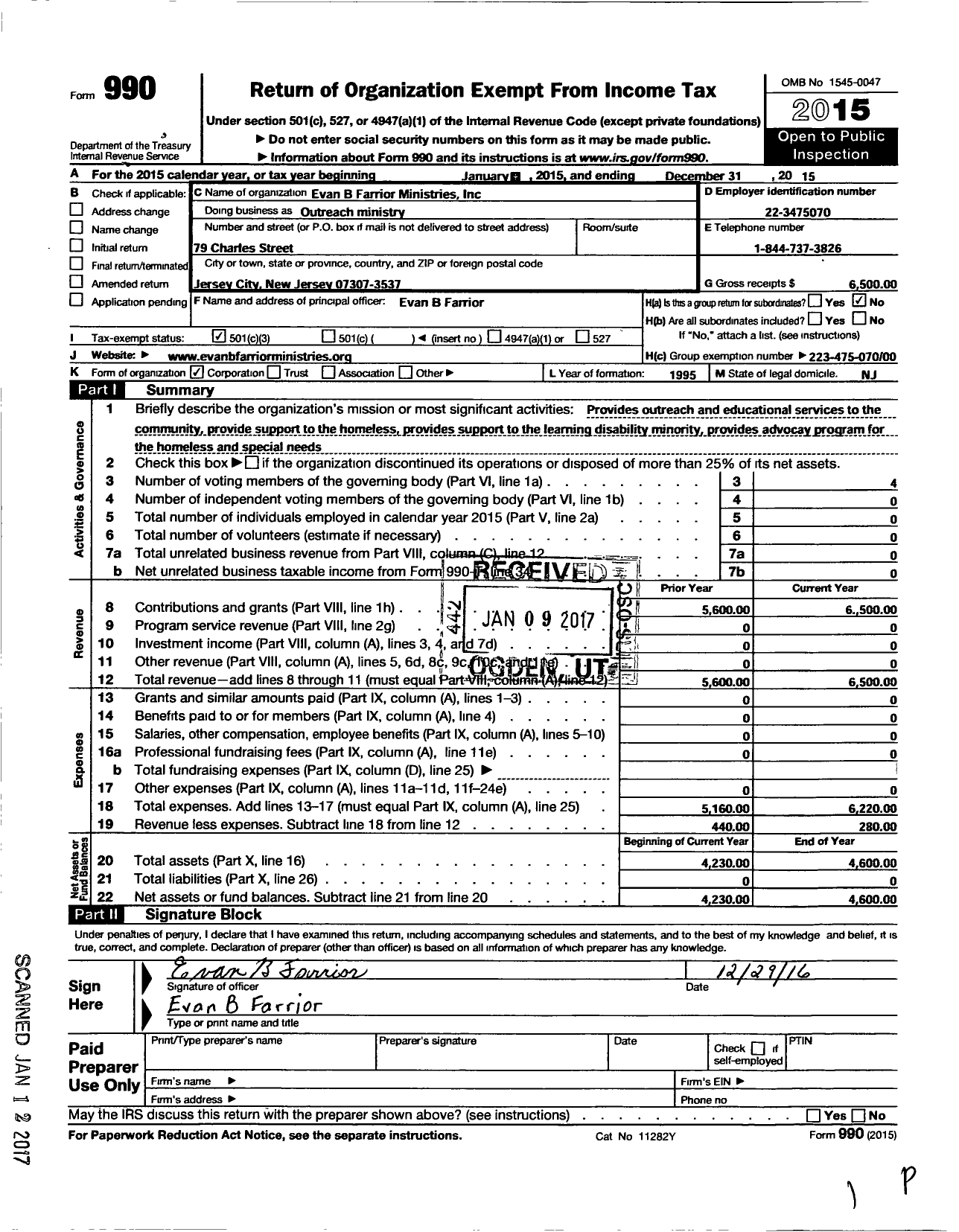 Image of first page of 2015 Form 990 for Evan B Farrior Ministries