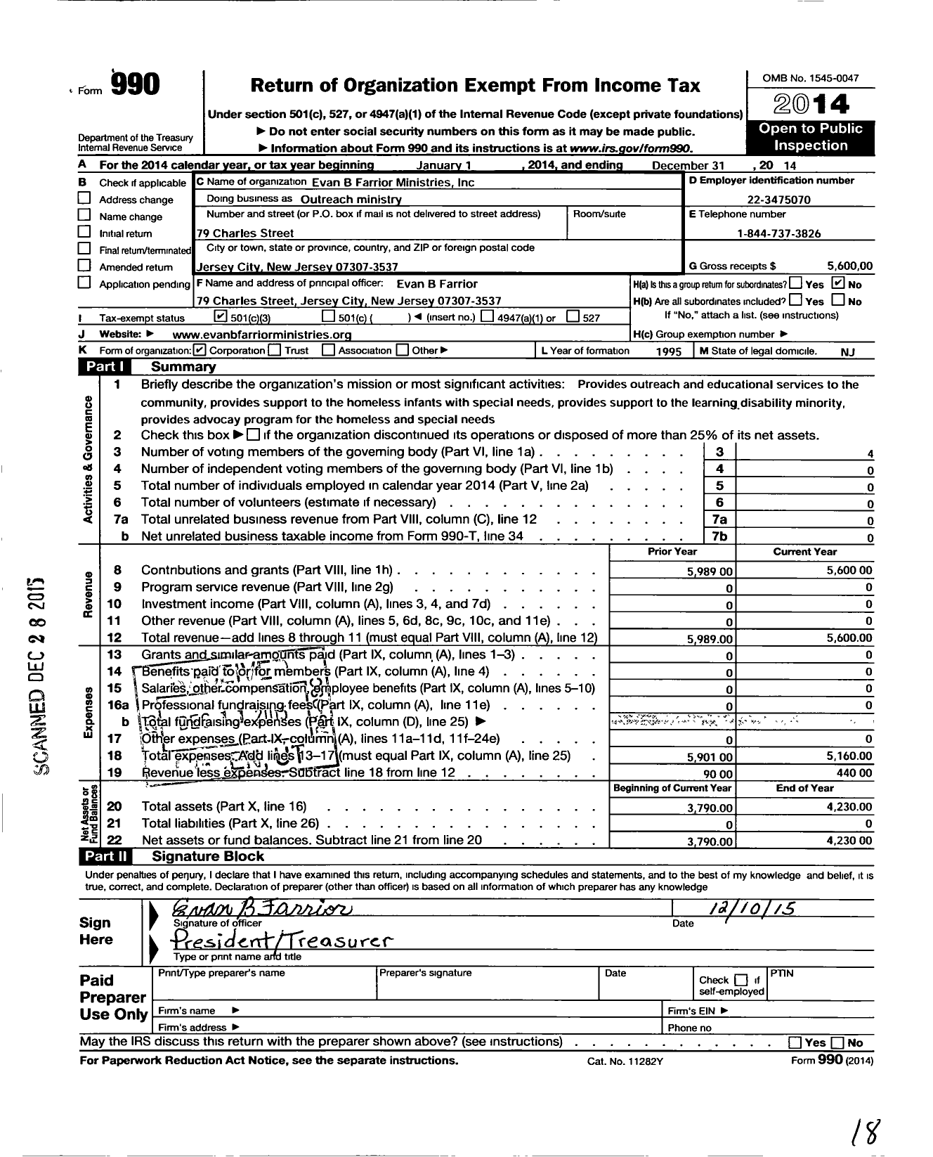 Image of first page of 2014 Form 990 for Evan B Farrior Ministries