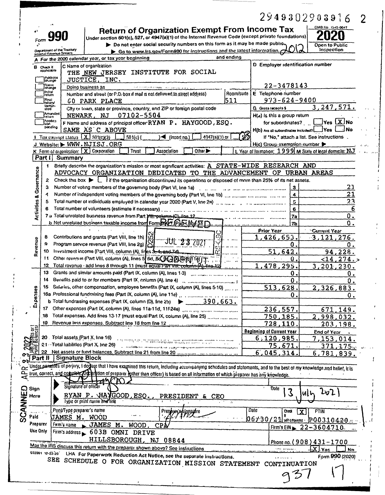 Image of first page of 2020 Form 990 for The New Jersey Institute for Social Justice