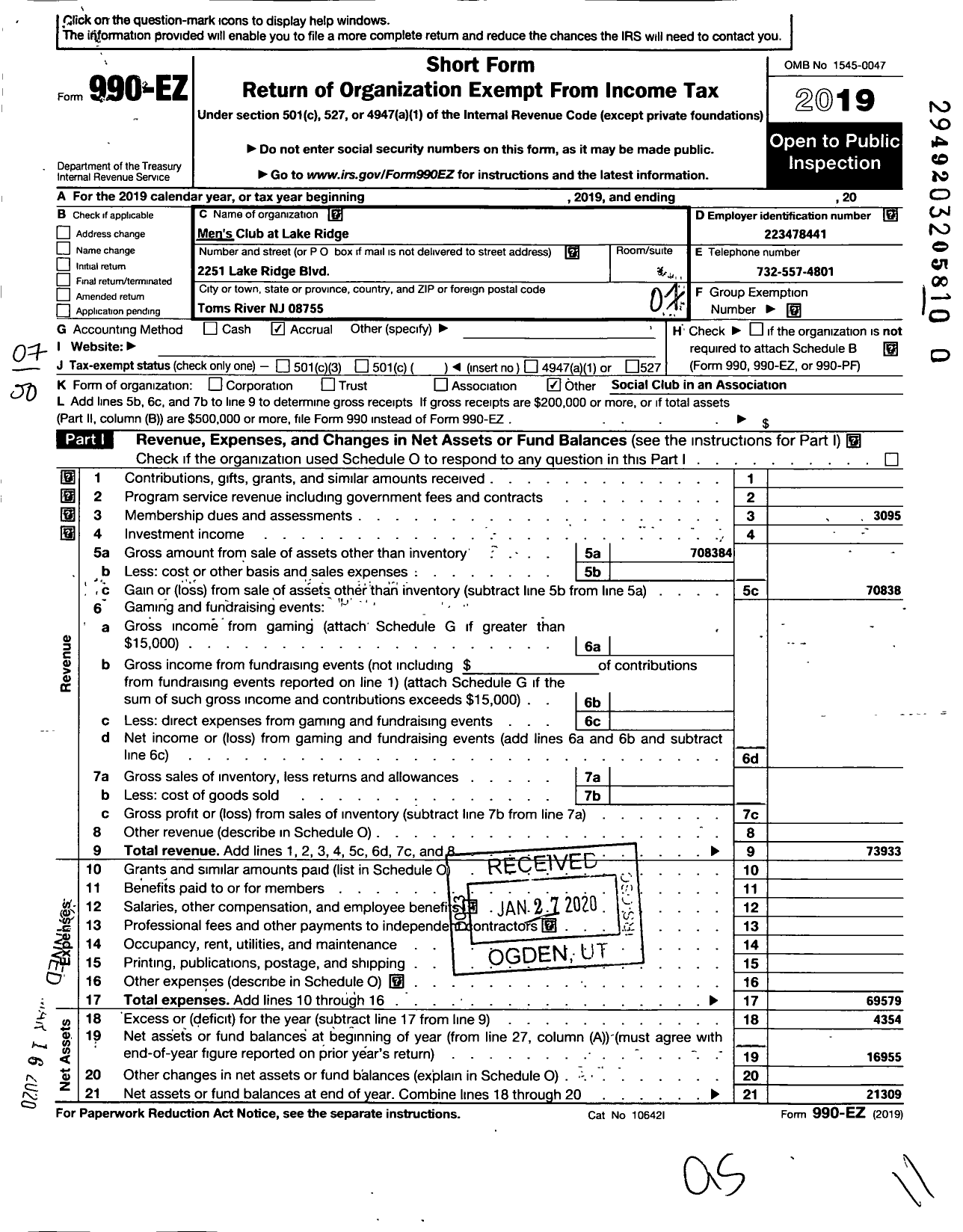 Image of first page of 2019 Form 990EO for Mens Club at Lake Ridge