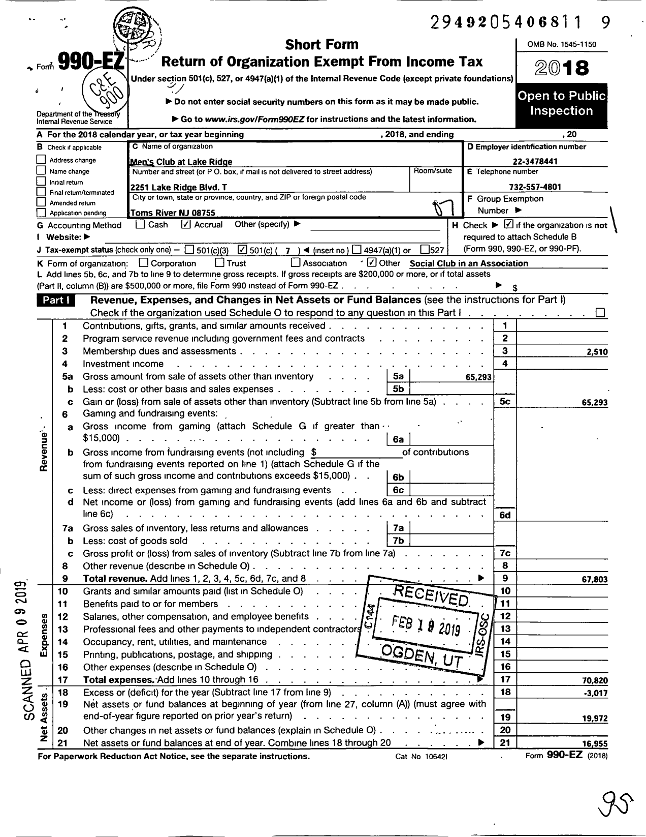 Image of first page of 2018 Form 990EO for Mens Club at Lake Ridge