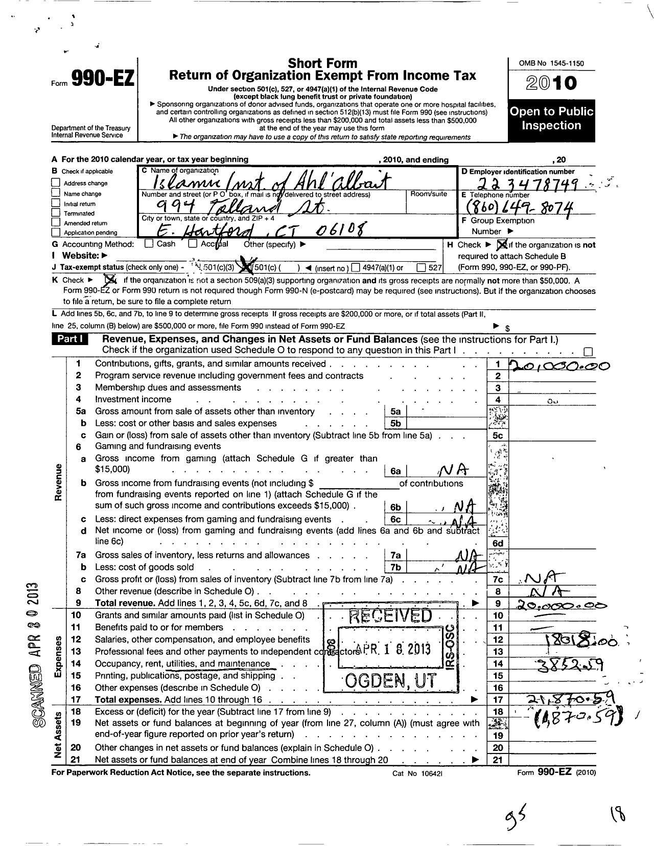 Image of first page of 2010 Form 990EO for Islamic Institute of Ahl Albait