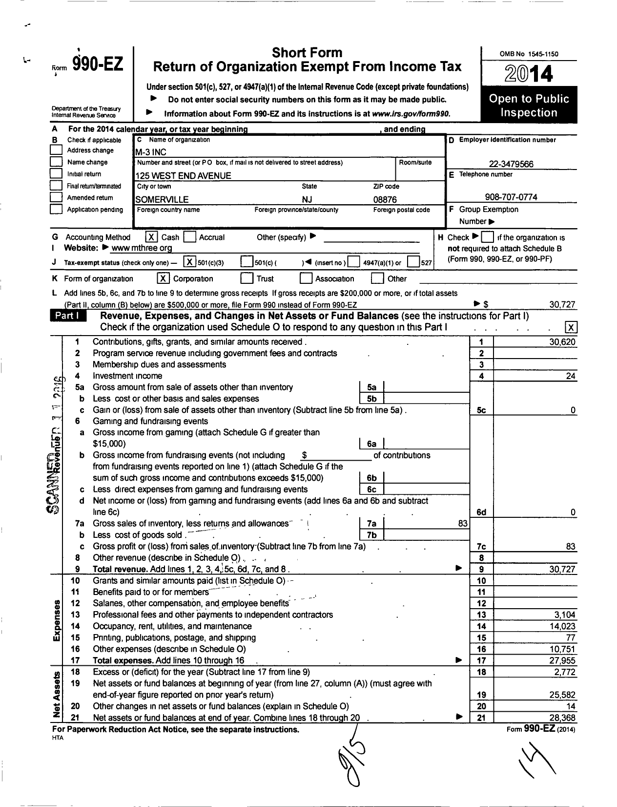 Image of first page of 2014 Form 990EZ for M-3 Inc