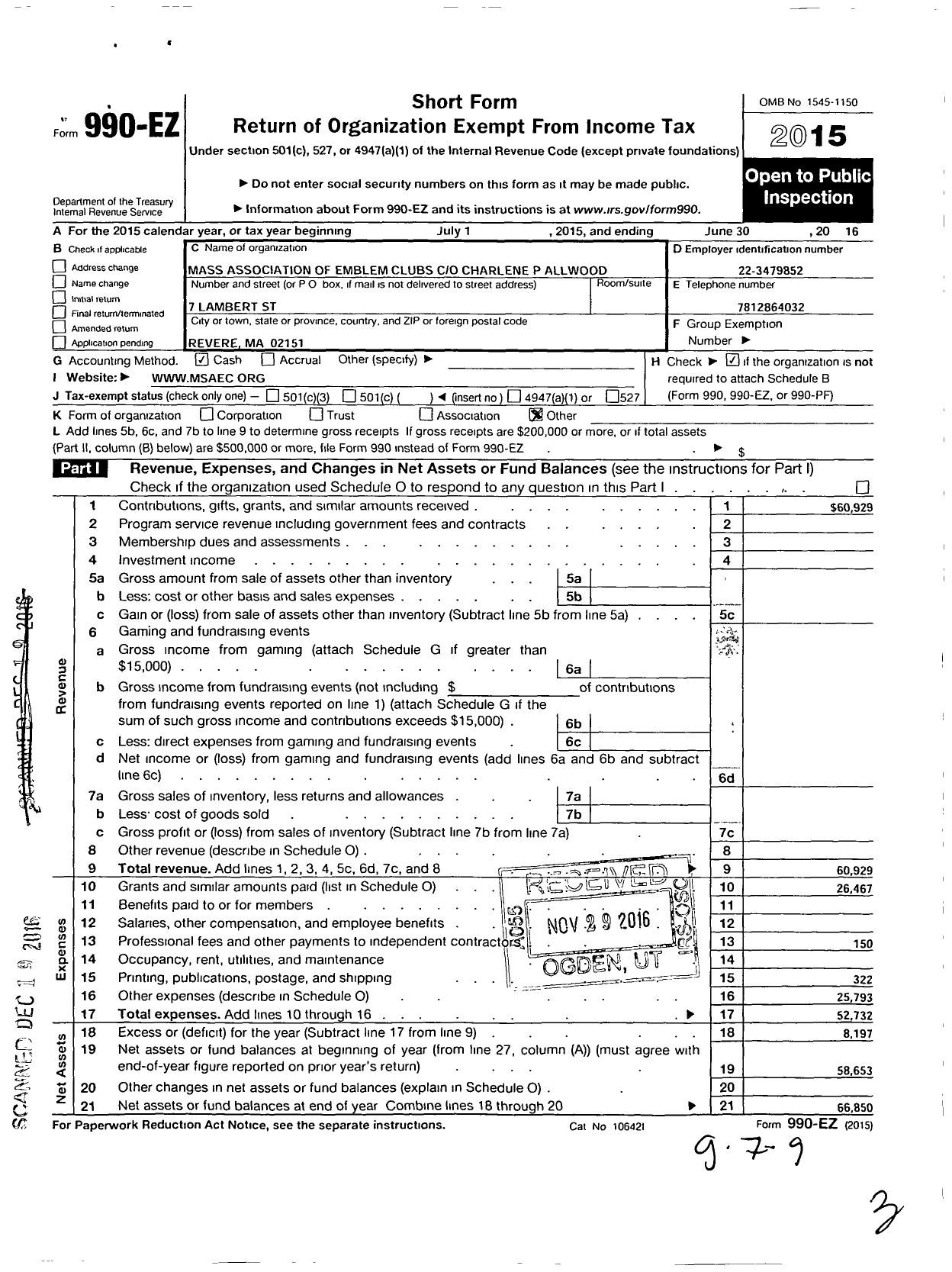 Image of first page of 2015 Form 990EO for Supreme Emblem Club of the United States of America / Mass State Association of Emblem CL