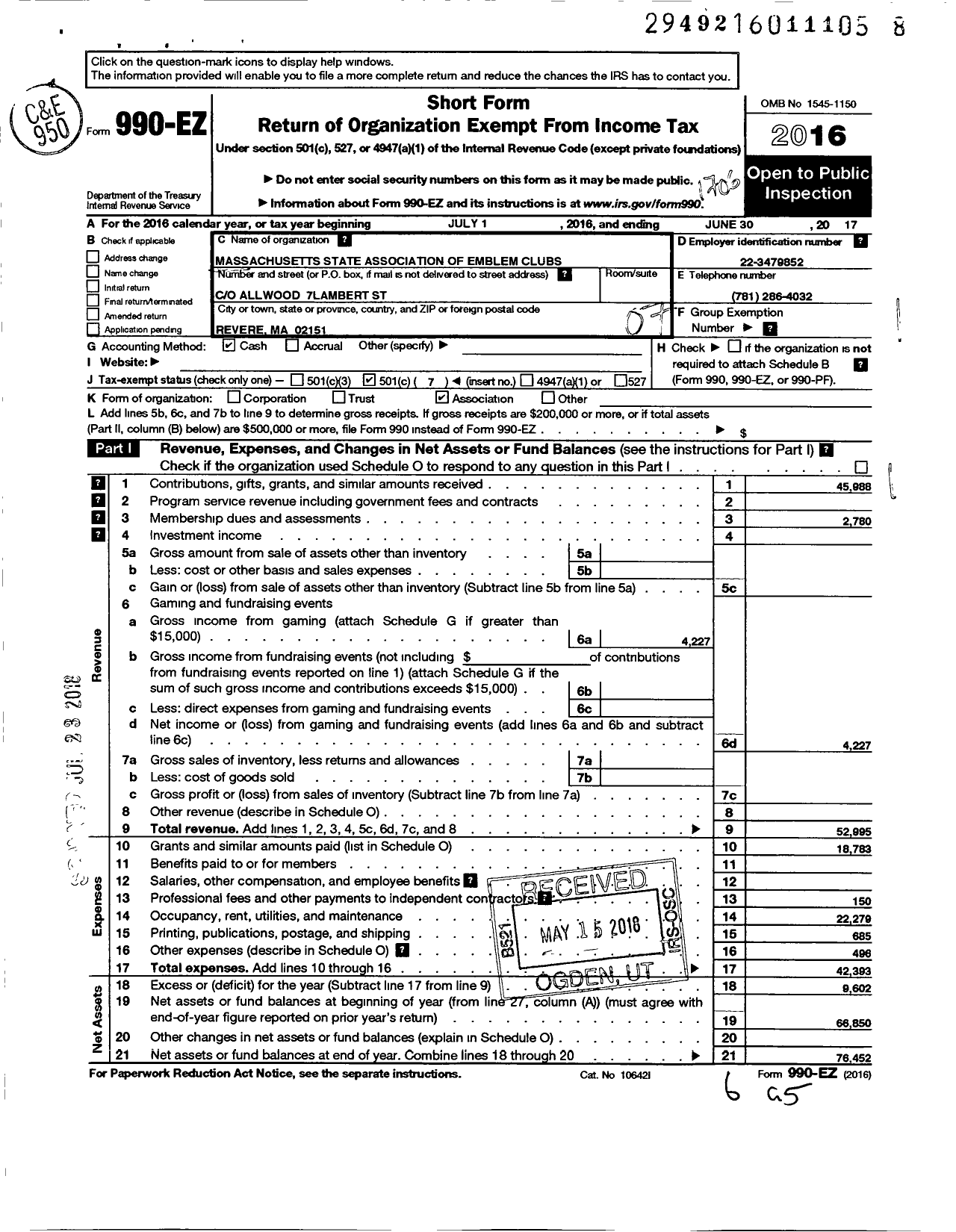 Image of first page of 2016 Form 990EO for Supreme Emblem Club of the United States of America / Mass State Association of Emblem CL