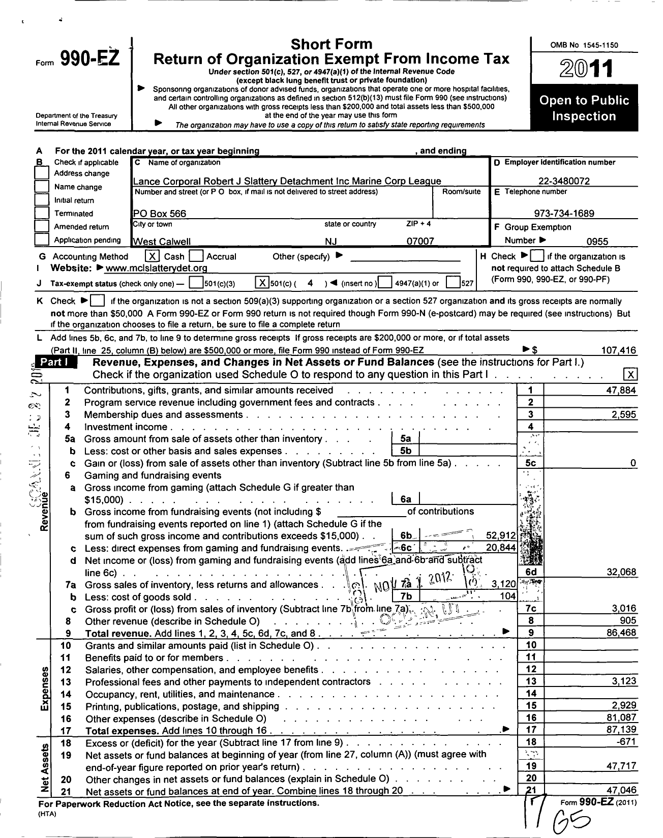 Image of first page of 2011 Form 990EO for Marine Corps League