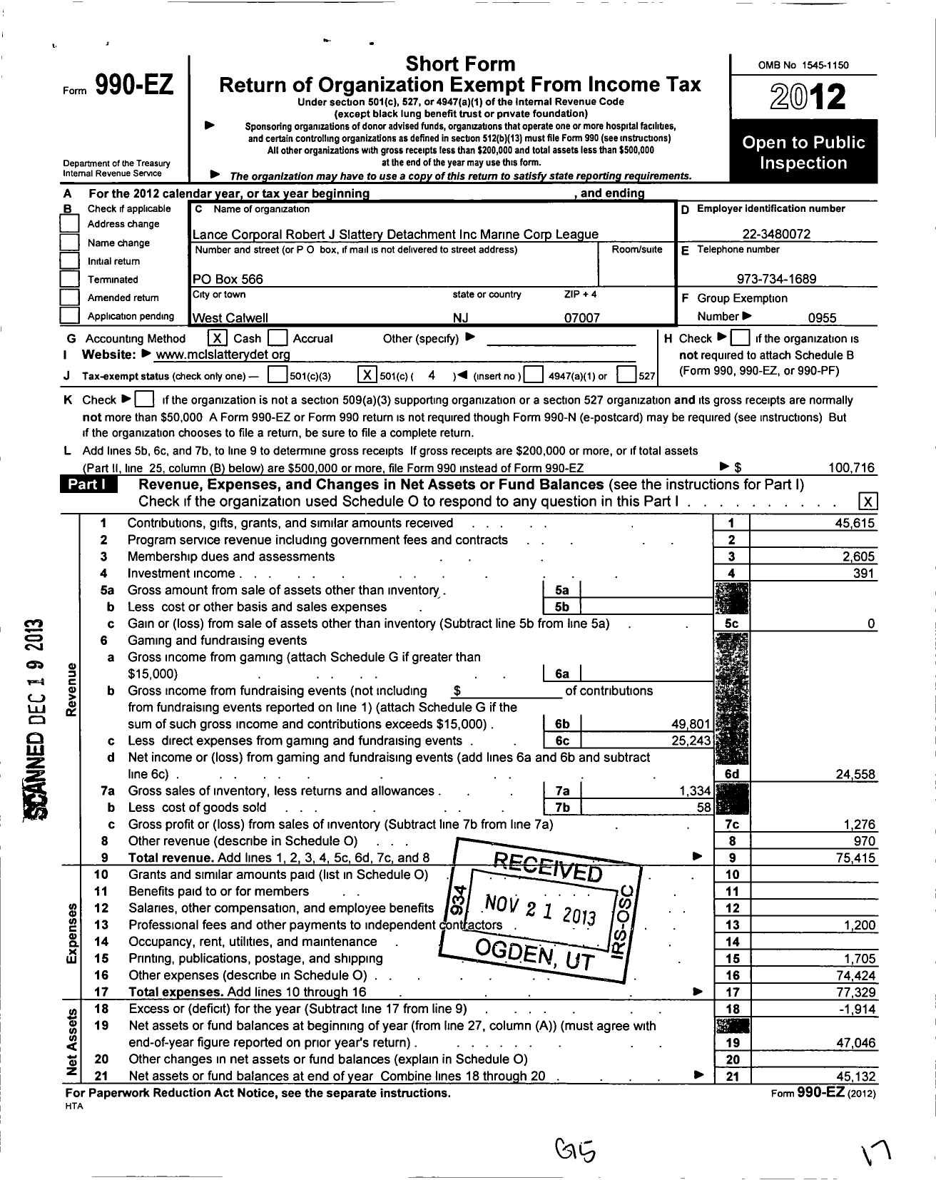 Image of first page of 2012 Form 990EO for Marine Corps League