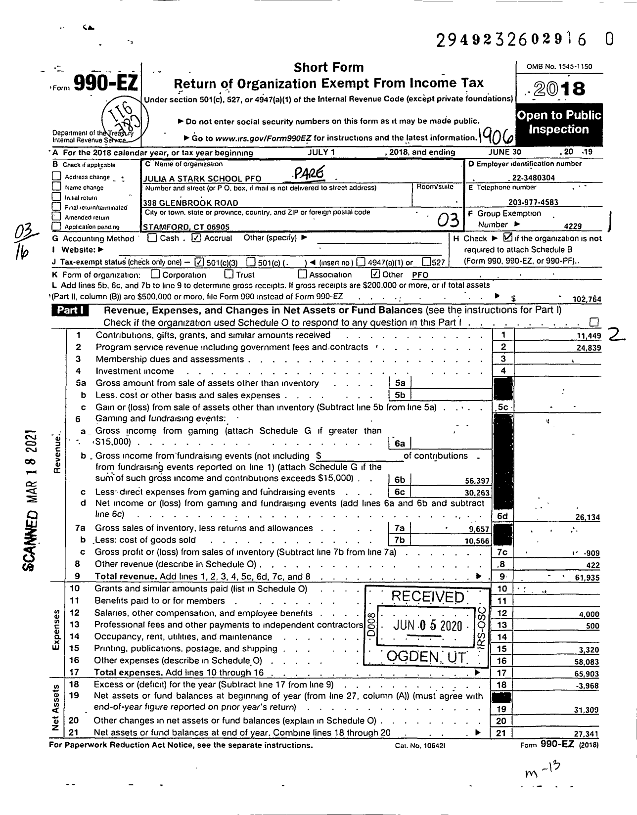 Image of first page of 2018 Form 990EZ for The Parent Teacher Council of Stamford / Julia A Stark Pfo