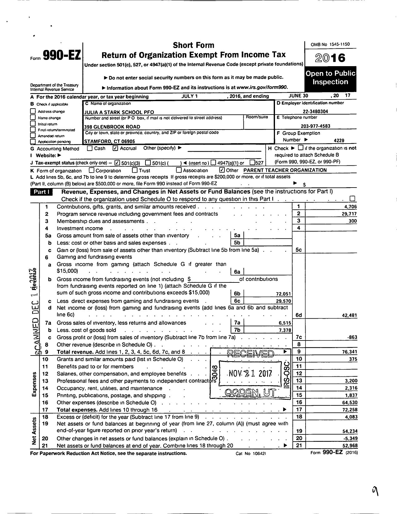 Image of first page of 2016 Form 990EZ for The Parent Teacher Council of Stamford / Julia A Stark Pfo