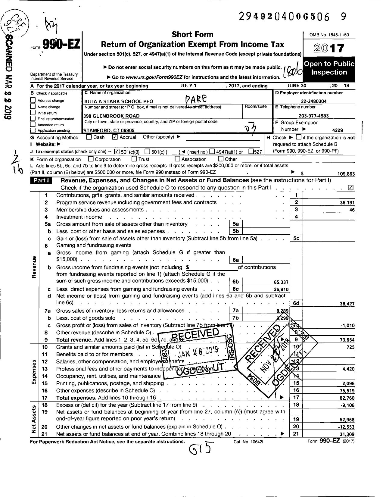 Image of first page of 2017 Form 990EZ for The Parent Teacher Council of Stamford / Julia A Stark Pfo