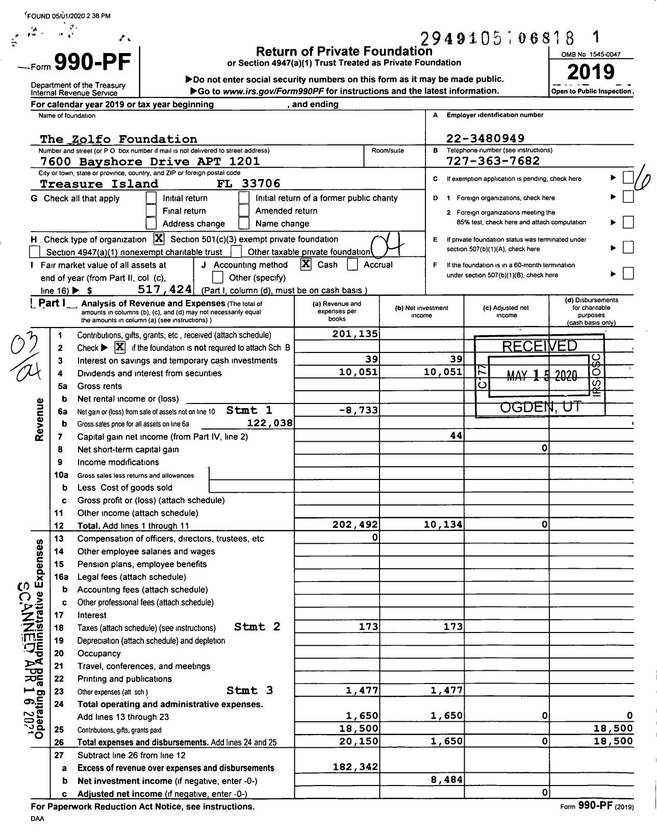 Image of first page of 2019 Form 990PF for The Zolfo Foundation