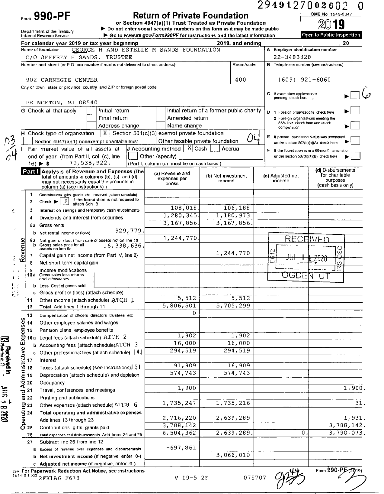 Image of first page of 2019 Form 990PF for George H. and Estelle M. Sands Foundation