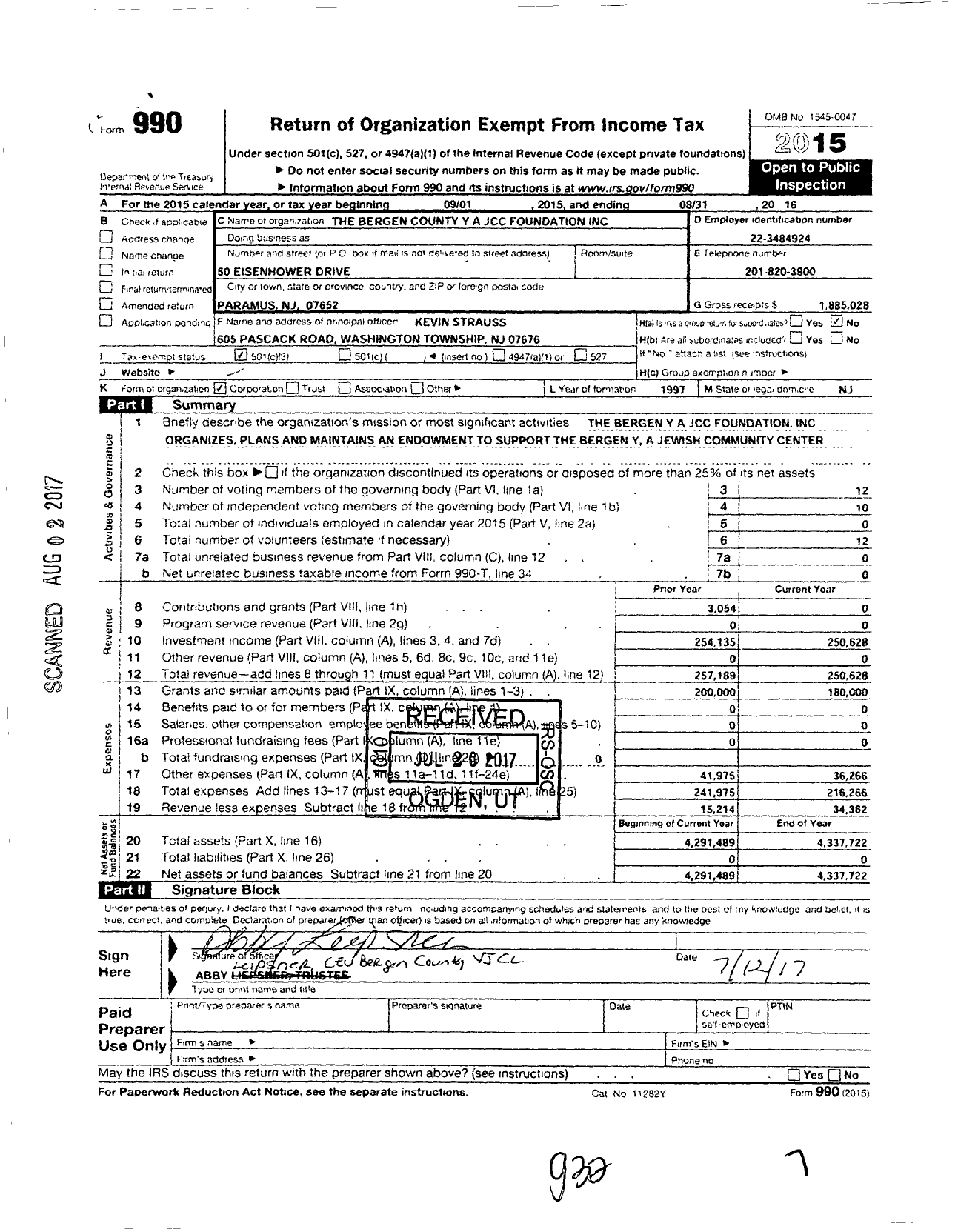 Image of first page of 2015 Form 990 for The Bergen County Y A JCC Foundation