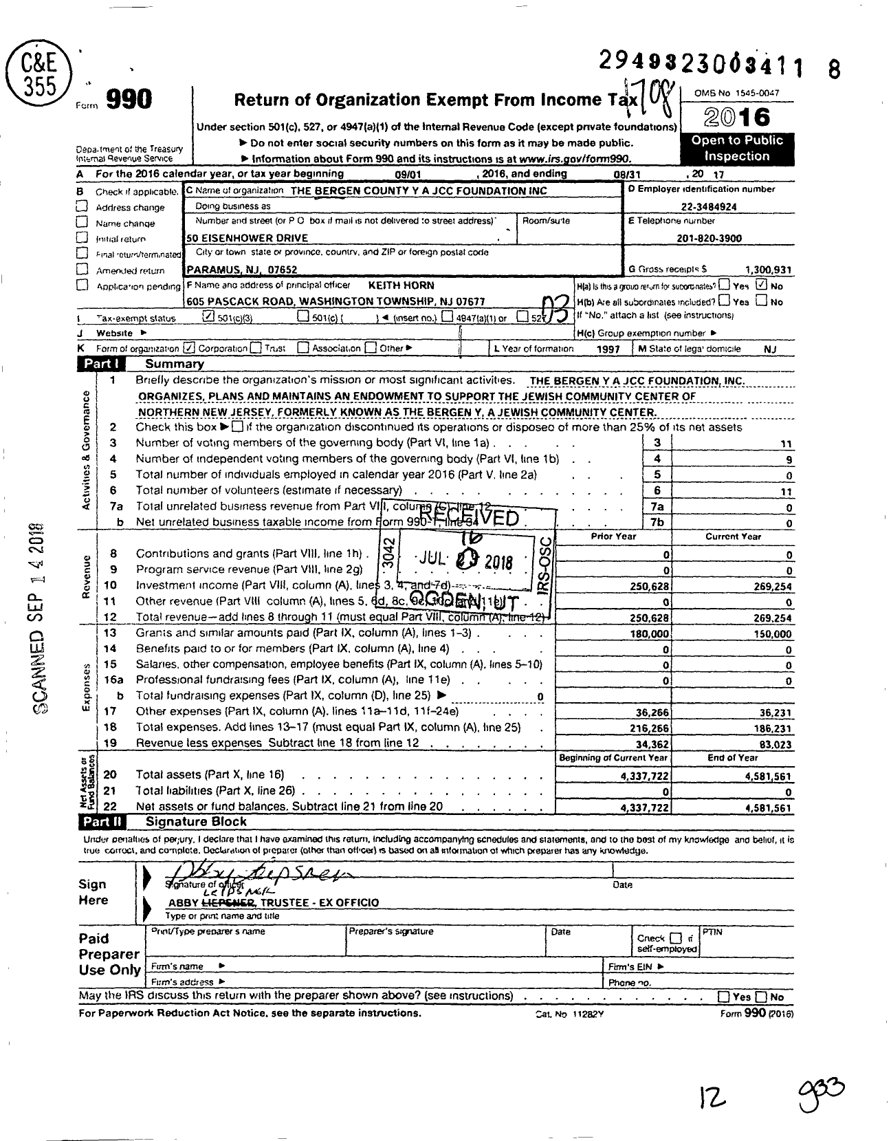Image of first page of 2016 Form 990 for The Bergen County Y A JCC Foundation