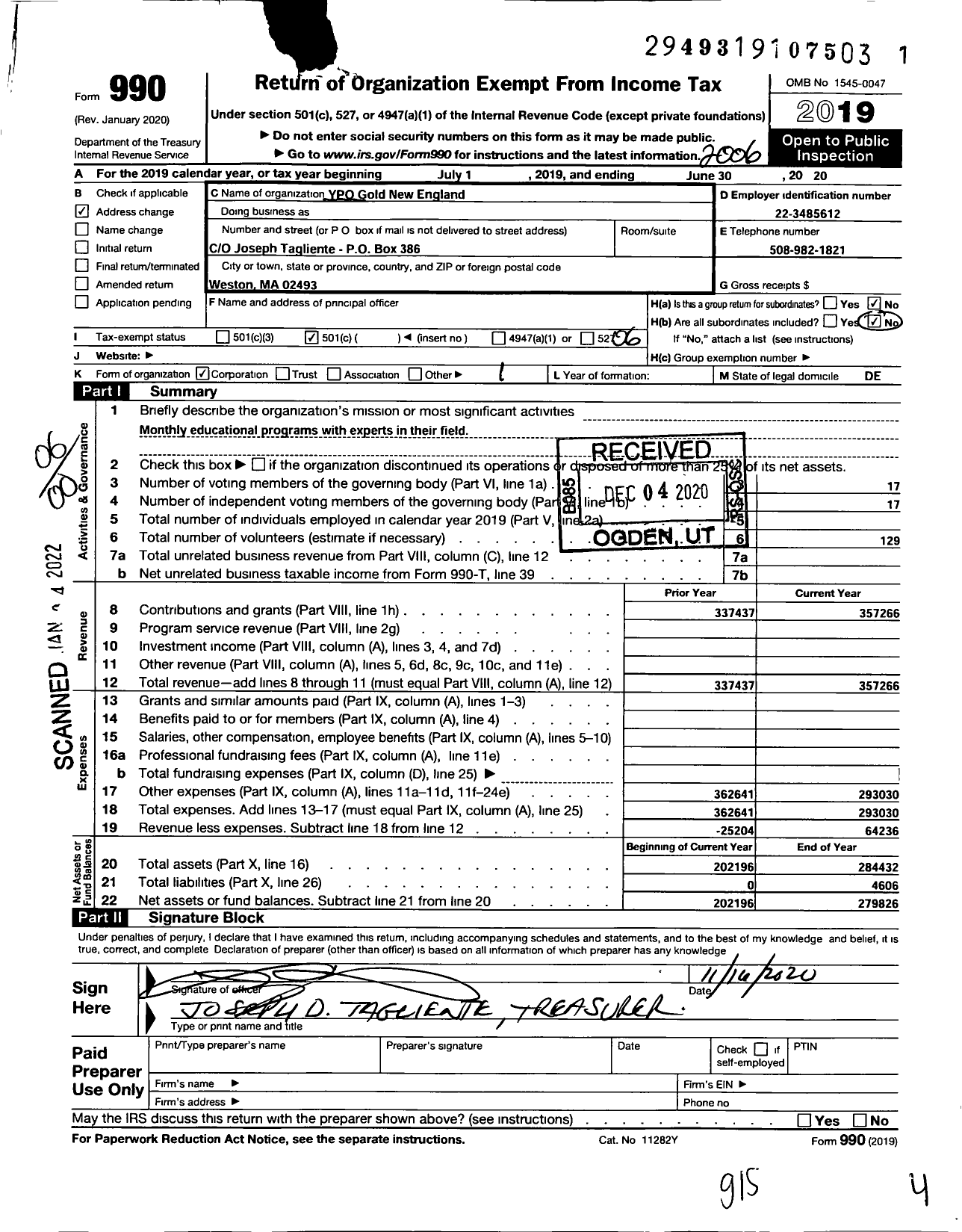 Image of first page of 2019 Form 990O for Young Presidents' Organization - YPO Gold New England