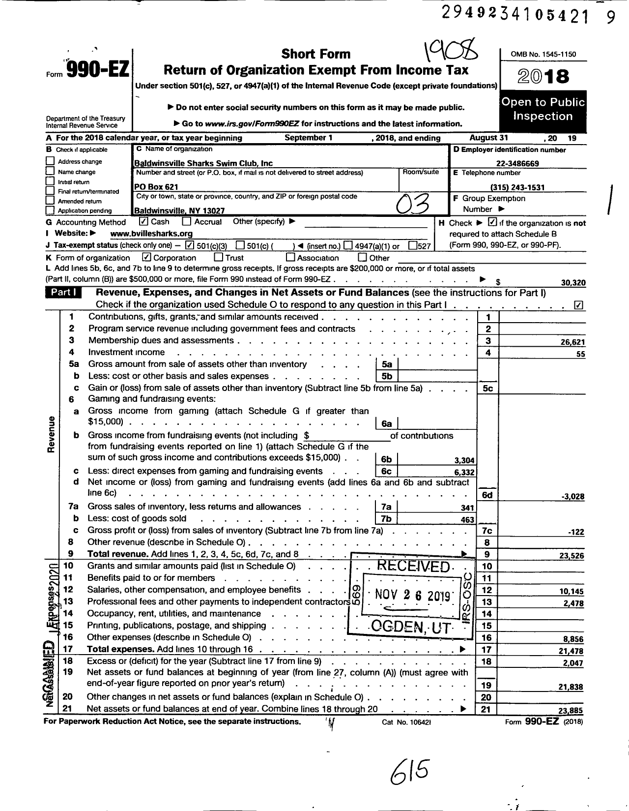 Image of first page of 2018 Form 990EZ for Baldwinsville Sharks Swim Club