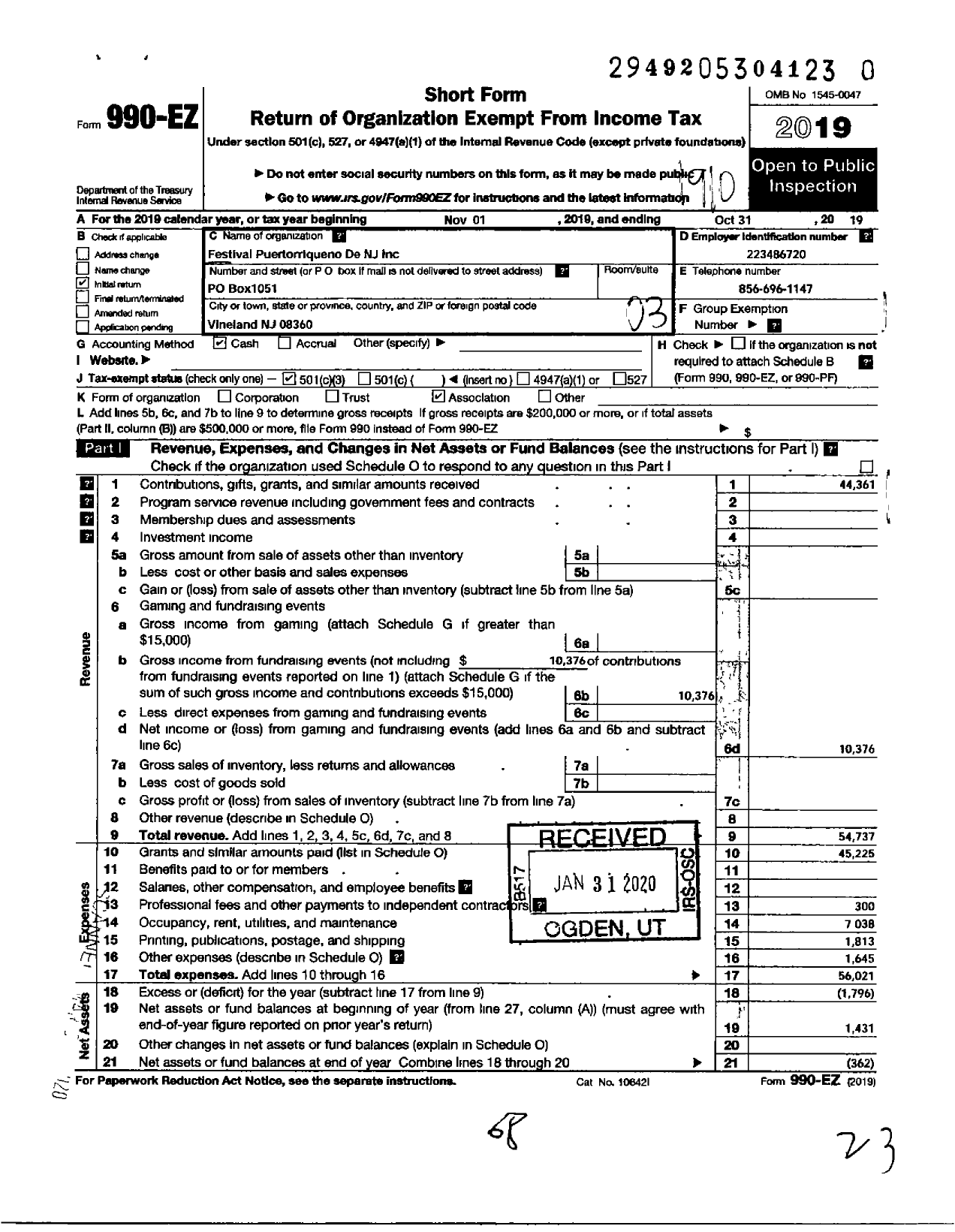 Image of first page of 2018 Form 990EZ for Festival Puertorrioeno de NJ