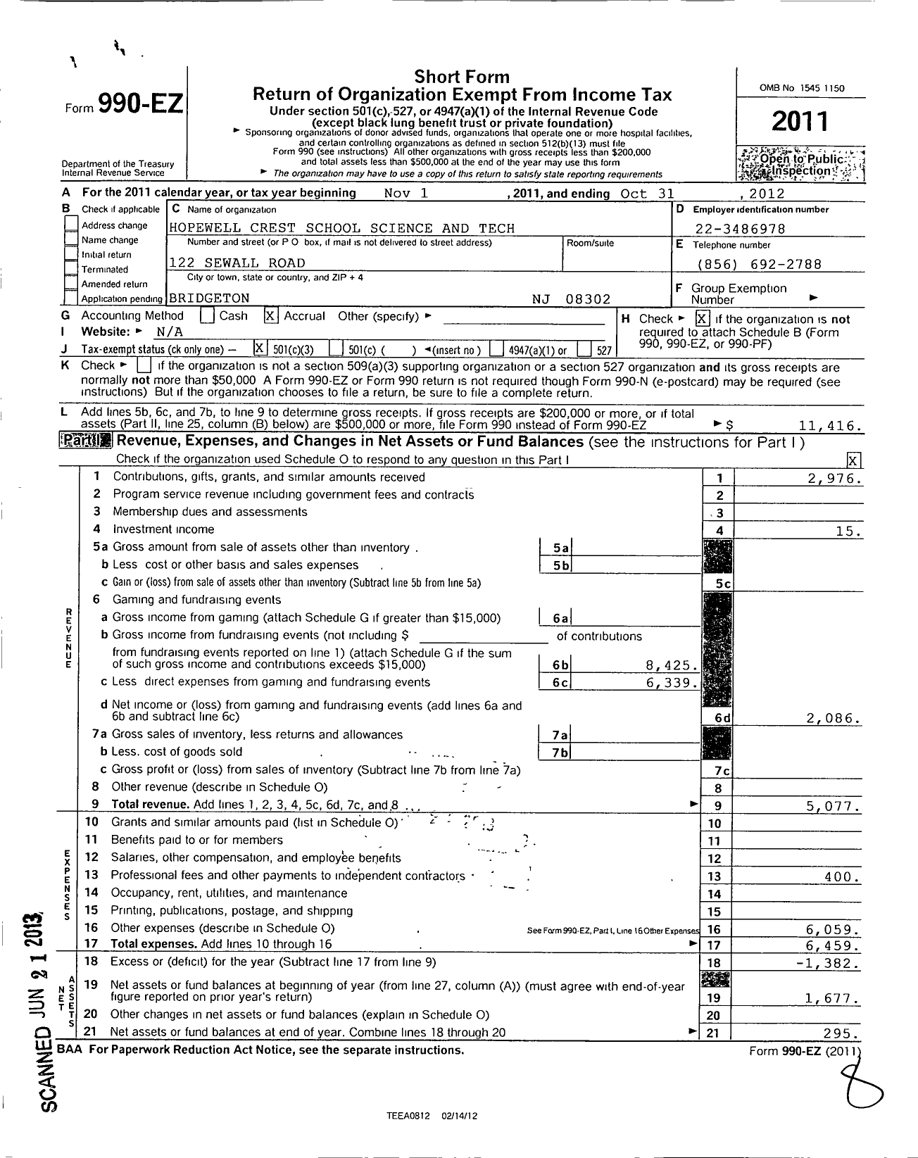 Image of first page of 2011 Form 990EZ for Hopewell Crest School Science and Technology Foundation