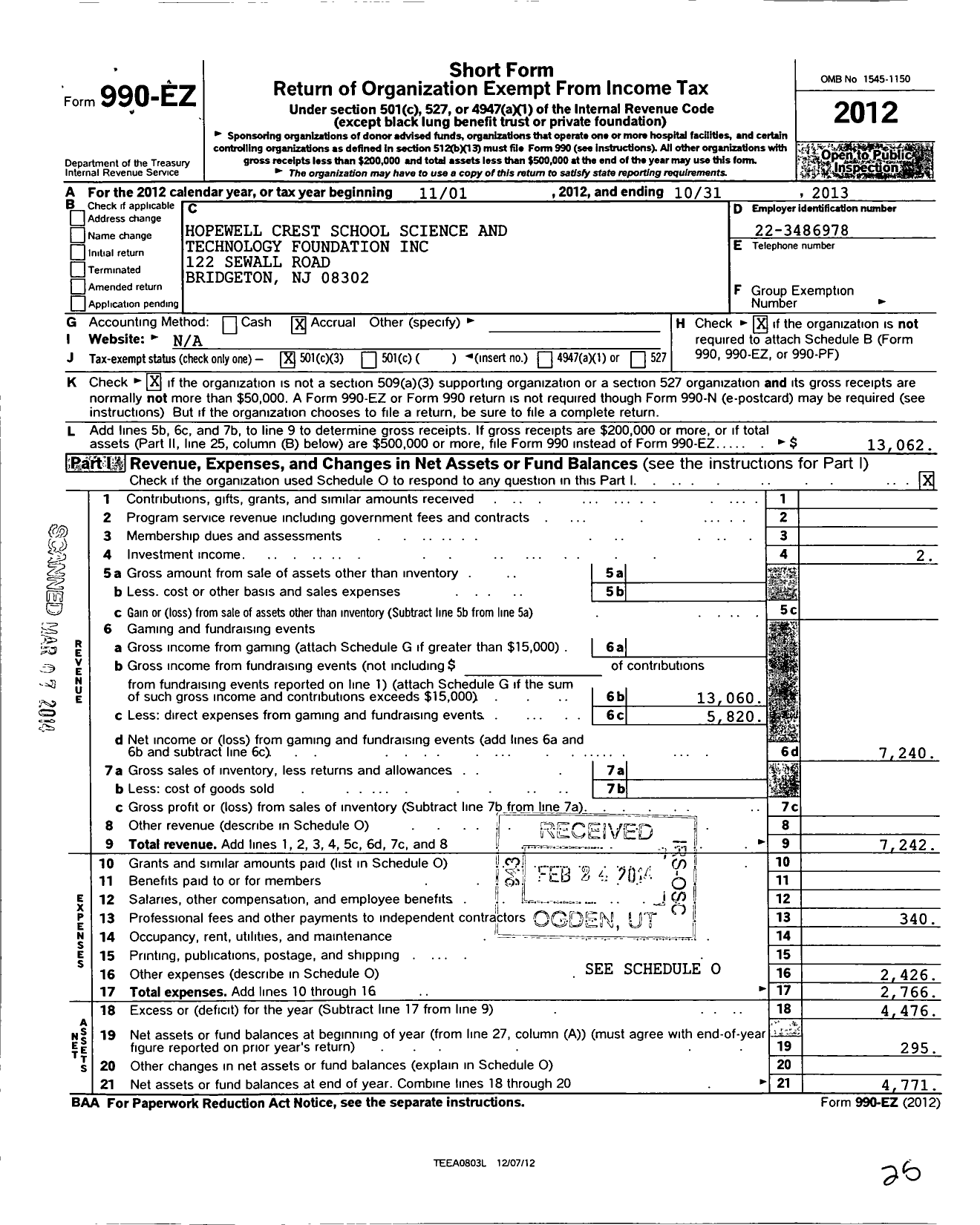 Image of first page of 2012 Form 990EZ for Hopewell Crest School Science and Technology Foundation