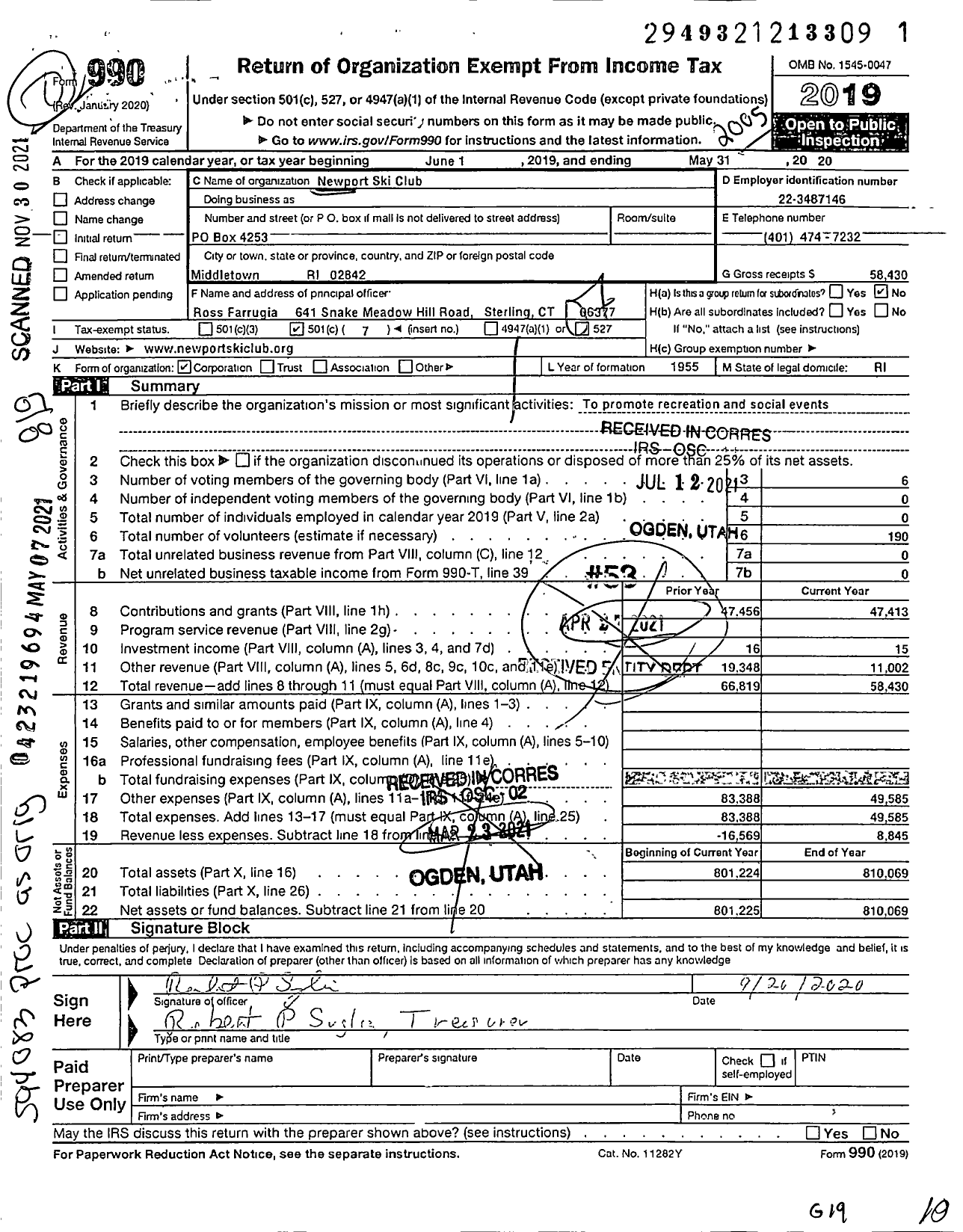 Image of first page of 2019 Form 990O for Newport Ski Club