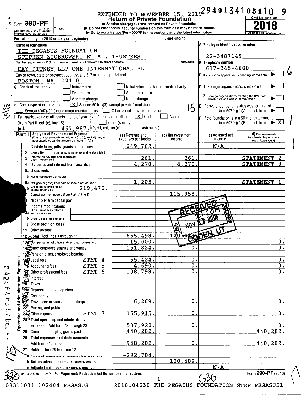 Image of first page of 2018 Form 990PF for The Pegasus Foundation