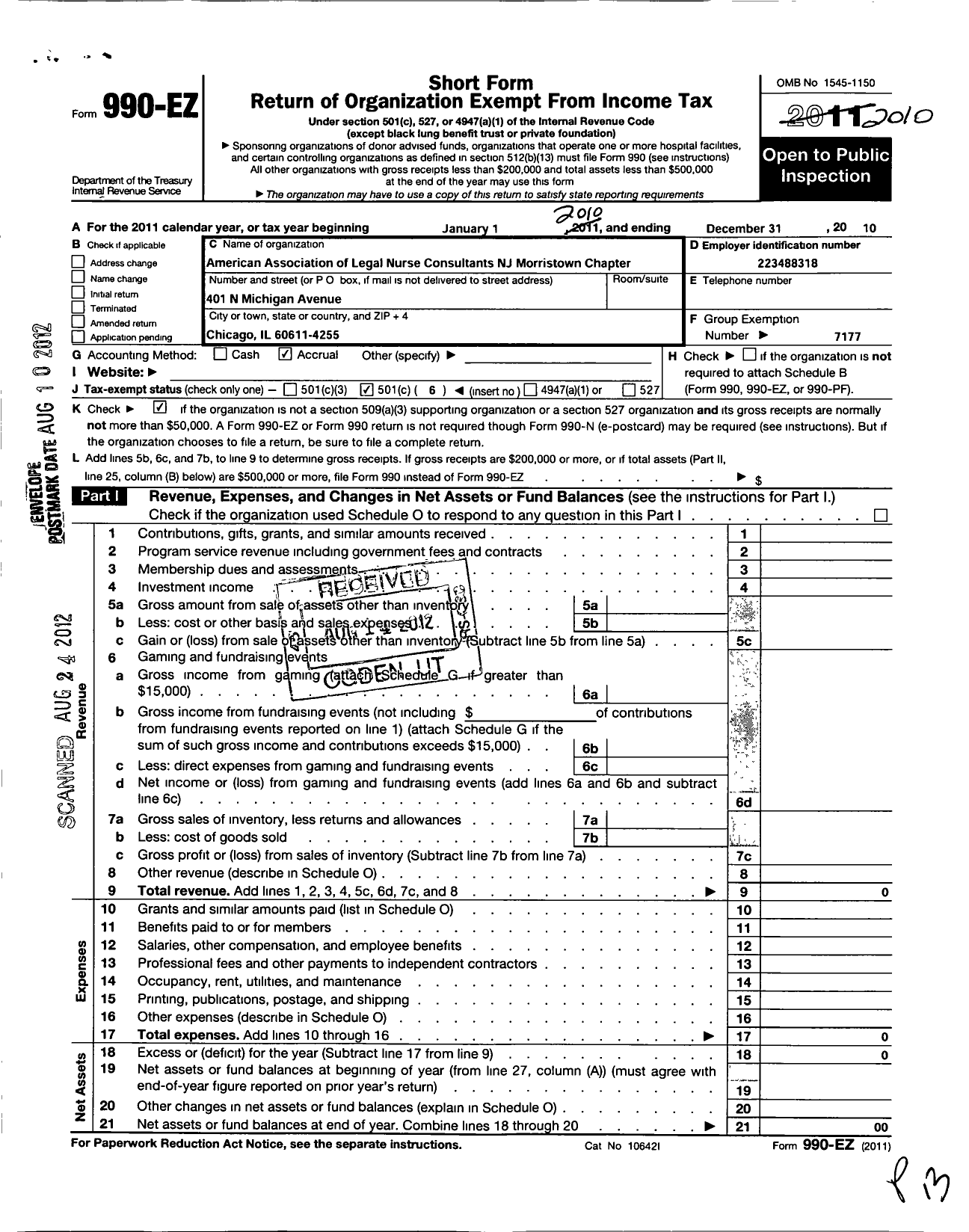 Image of first page of 2010 Form 990EO for American Association of Legal Nurse Consultants / Morristown NJ Chapter