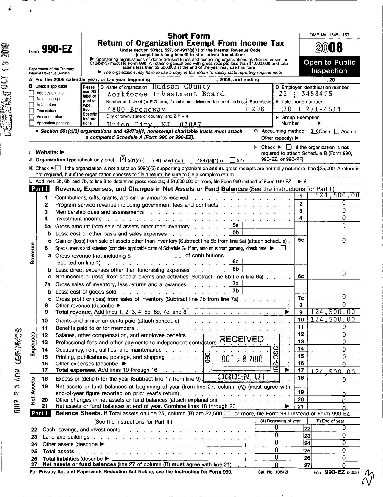 Image of first page of 2008 Form 990EO for Hudson County Workforce Investment Board