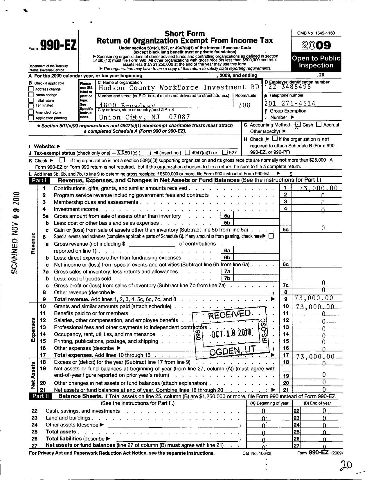 Image of first page of 2009 Form 990EO for Hudson County Workforce Investment Board