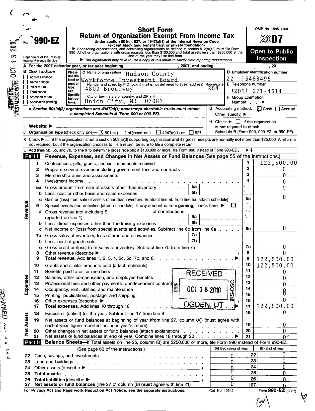 Image of first page of 2007 Form 990EO for Hudson County Workforce Investment Board