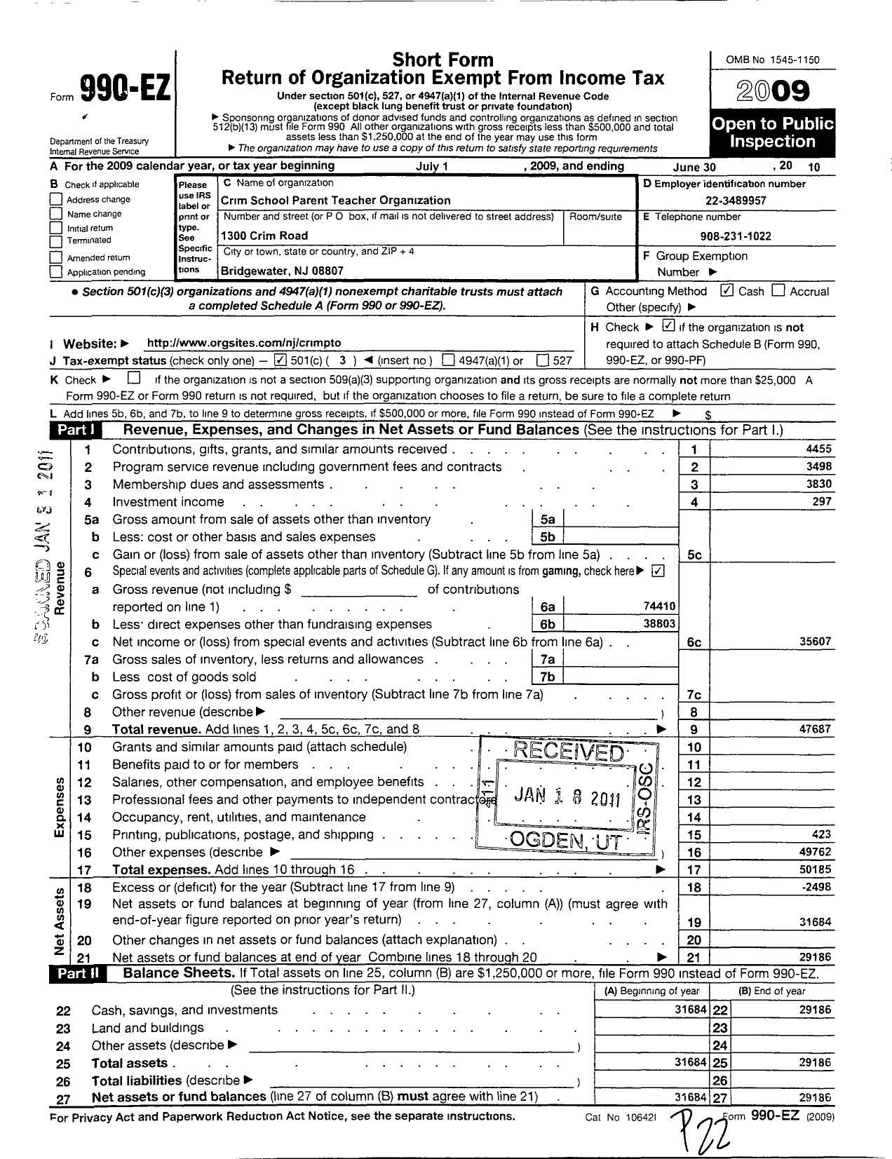 Image of first page of 2009 Form 990EZ for Crim School Parent-Teacher Organization