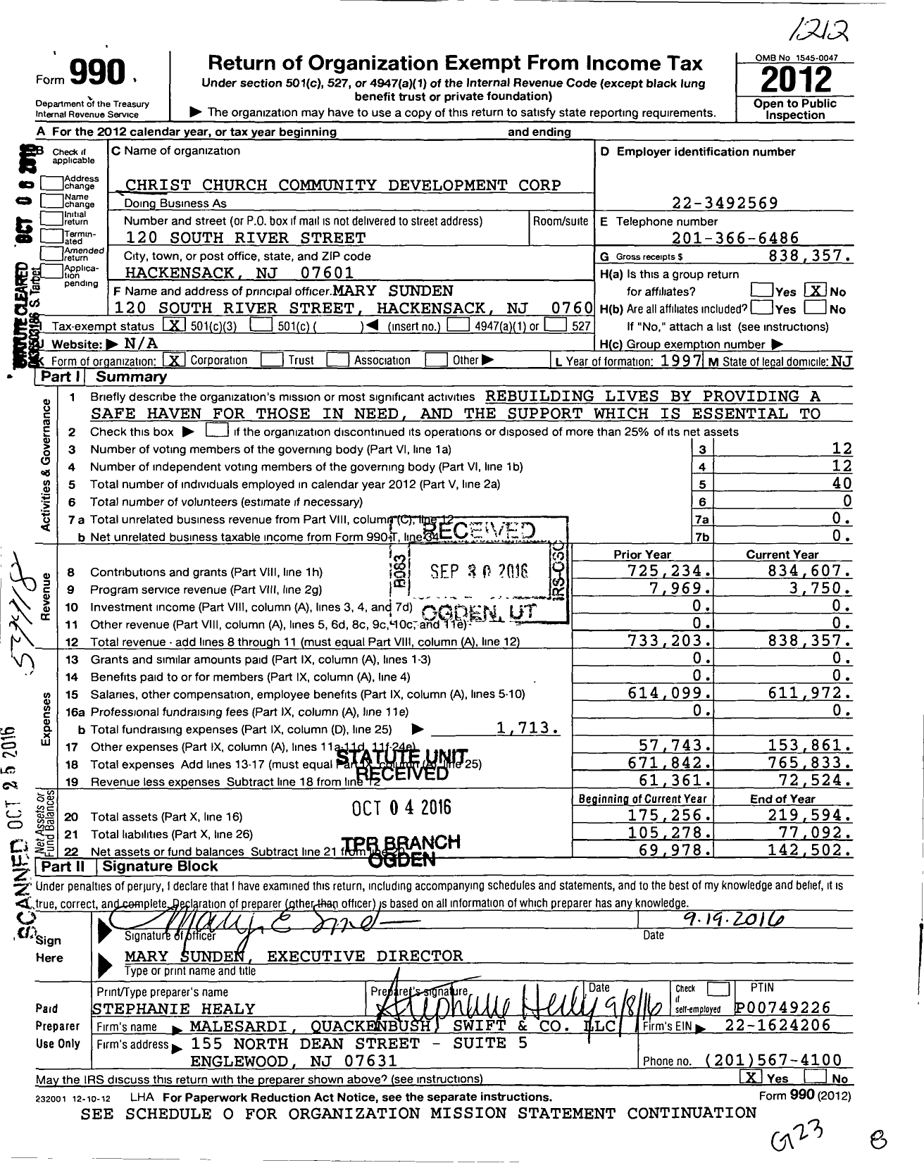 Image of first page of 2012 Form 990 for Christ Church Community Development Corporation