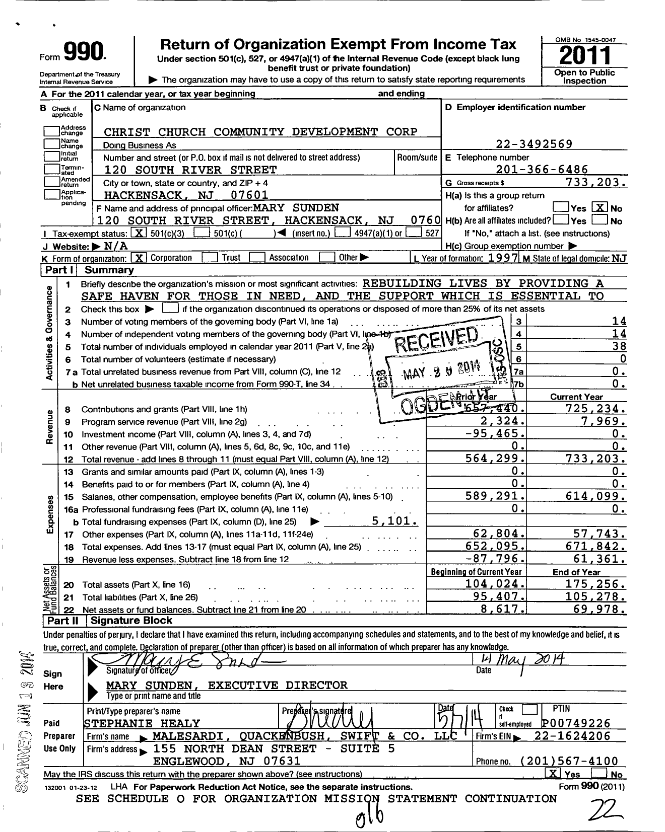 Image of first page of 2011 Form 990 for Christ Church Community Development Corporation