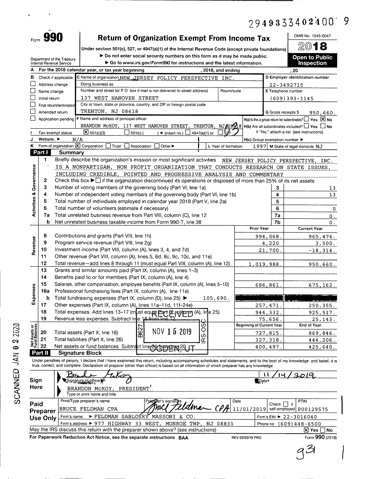 Image of first page of 2018 Form 990 for New Jersey Policy Perspective
