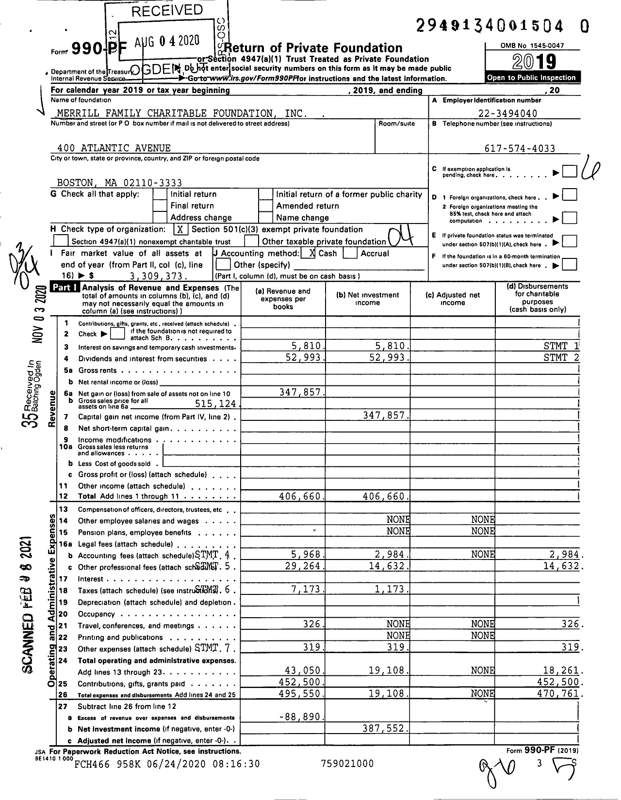 Image of first page of 2019 Form 990PF for Merrill Family Charitable Foundation