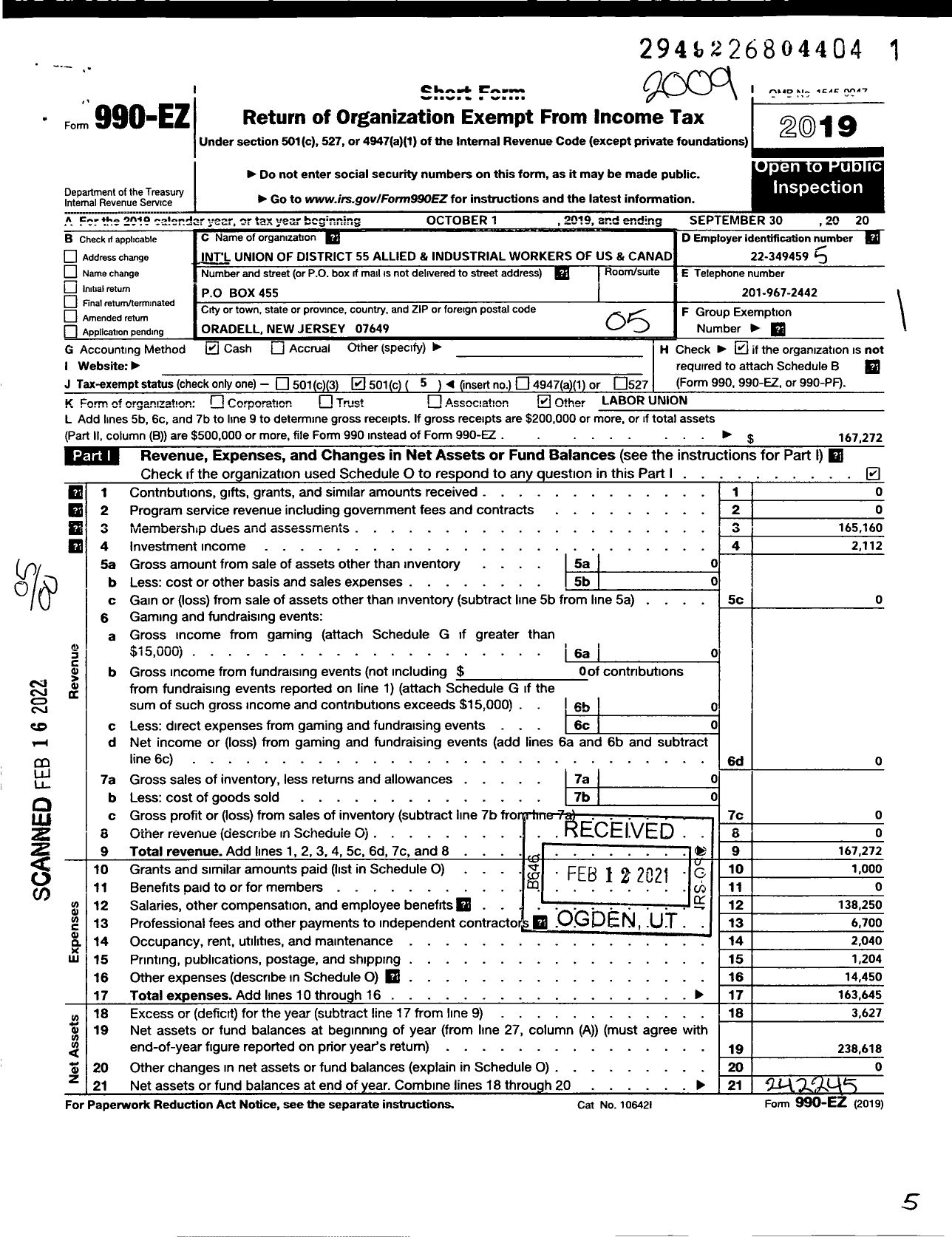 Image of first page of 2019 Form 990EO for International Union of District 55 Allied and Industrial Workers of Us and Canada