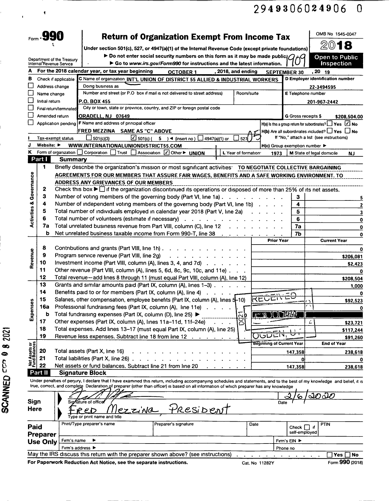 Image of first page of 2018 Form 990O for International Union of District 55 Allied and Industrial Workers of Us and Canada