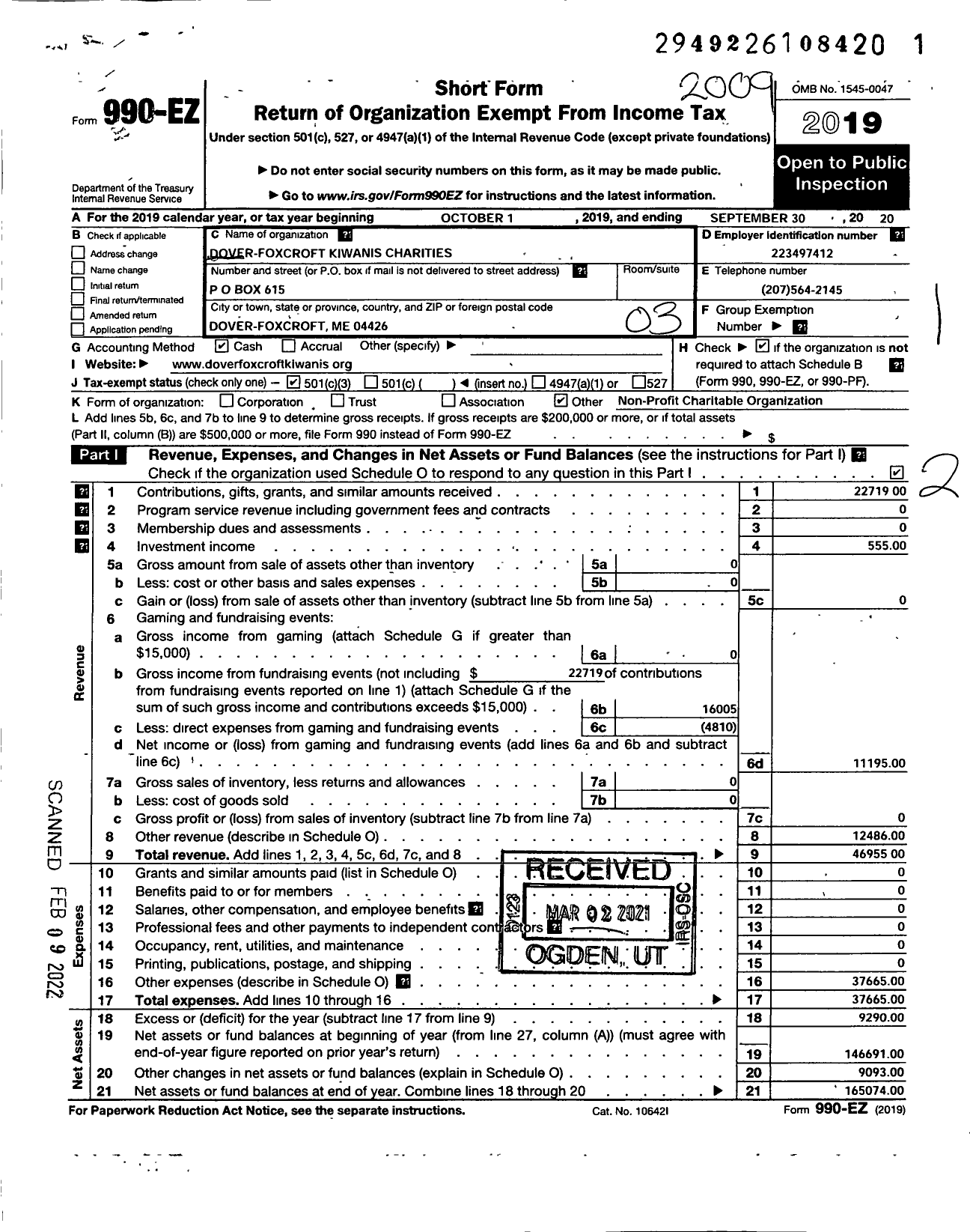 Image of first page of 2019 Form 990EZ for Dover Forxcroft Kiwanis Charities