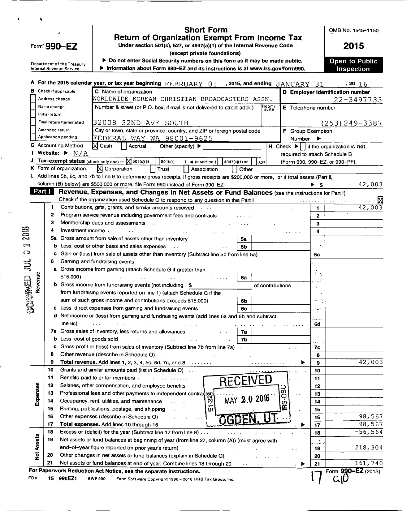 Image of first page of 2015 Form 990EZ for Worldwide Korean Christian Broadcasters Association