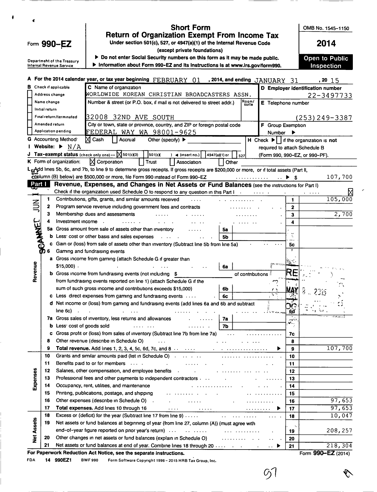 Image of first page of 2014 Form 990EZ for Worldwide Korean Christian Broadcasters Association