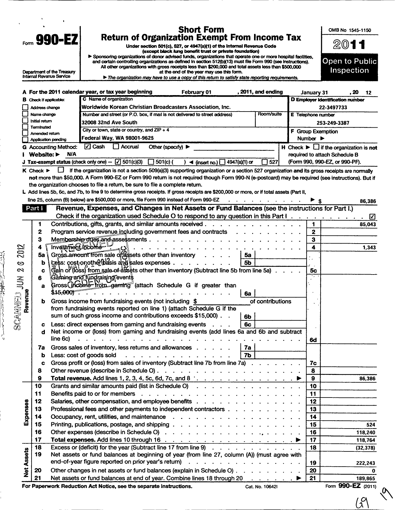 Image of first page of 2011 Form 990EZ for Worldwide Korean Christian Broadcasters Association